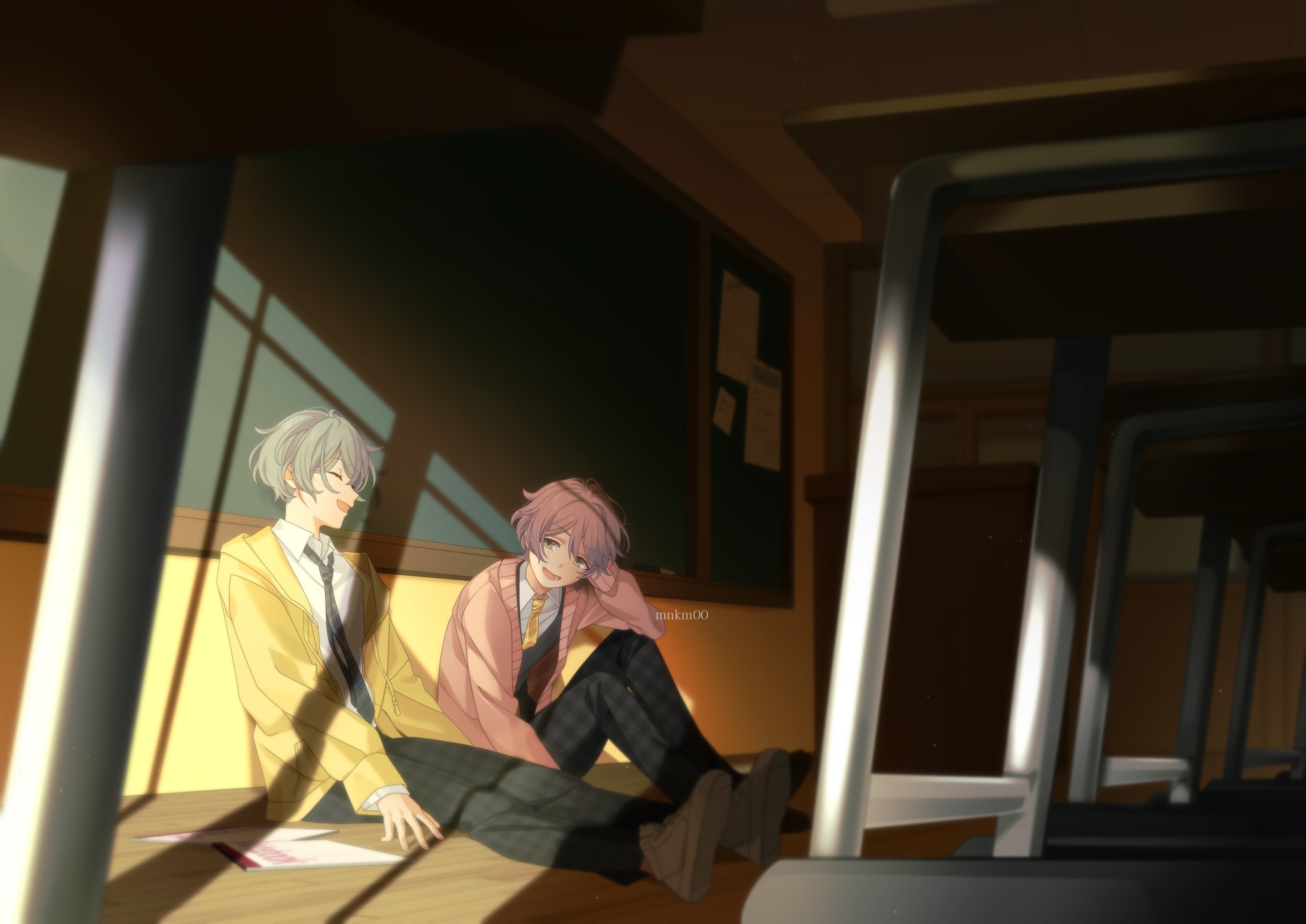 original, commentary, hashtag-only commentary, highres, 2boys, black pants, black vest, blue necktie, boots, brown boots, brown eyes, brown hair, bulletin board, car, cardigan, chalkboard, classroom, closed eyes, collared shirt, dark, desk, door, dress pants, elbow on knee, full body, grey hair, hair over one eye, hand in own hair, hand on ground, happy, indoors, knee up, long sleeves, looking at another, male focus, messy hair, motor vehicle, multiple boys, necktie, on floor, open cardigan, open clothes, open mouth, pants, paper, pink cardigan, pointy nose, puffy long sleeves, puffy sleeves, reean, school desk, school swimsuit, shirt, short hair, sitting, smile, swimsuit, talking, v-neck, vest, white shirt, yellow car, yellow necktie