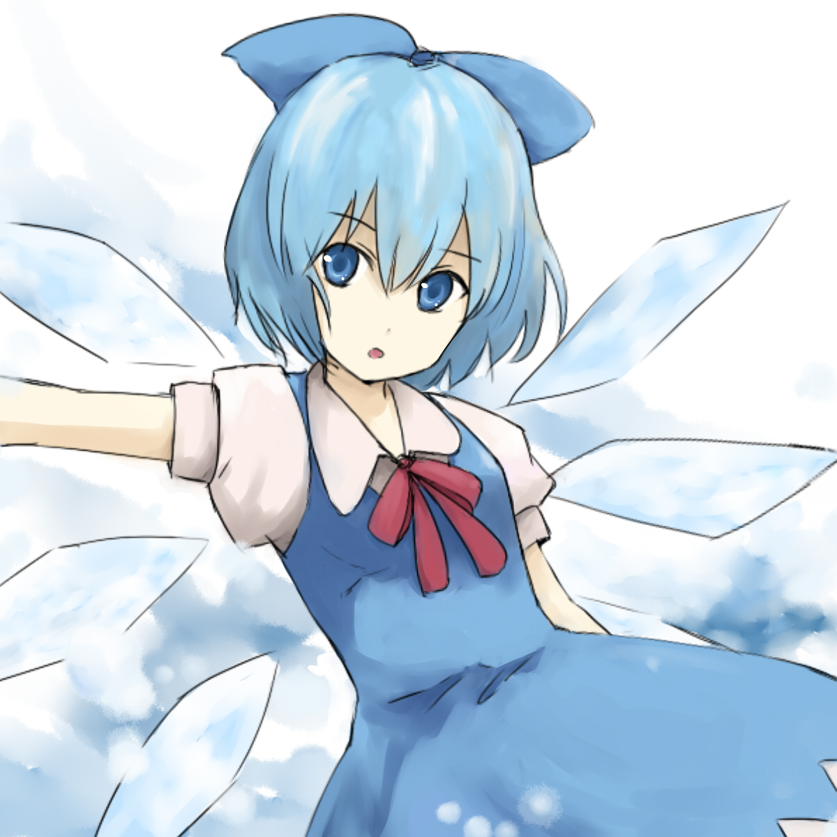 kuma panda, cirno, touhou, highres, 1girl, blouse, blue eyes, blue hair, collared shirt, dress, female focus, hair between eyes, head tilt, ice, matching hair/eyes, pinafore dress, shirt, sleeveless, sleeveless dress, solo, white shirt