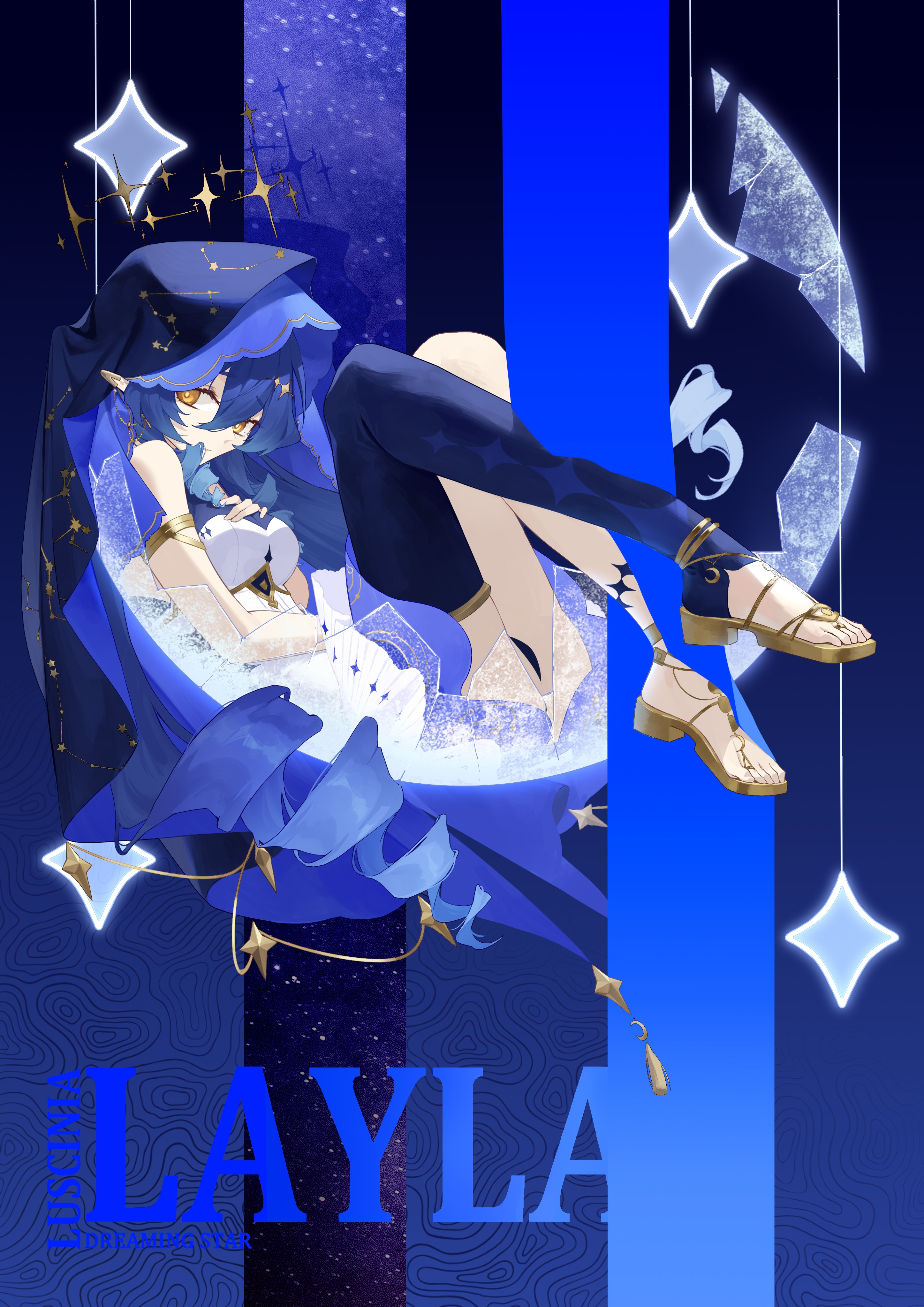 baiyinzhideng, layla (genshin impact), genshin impact, absurdres, chinese commentary, commentary request, highres, variant set, 1girl, armlet, blue background, blue hair, blue veil, breasts, character name, dress, drill hair, english text, fetal position, gladiator sandals, hair between eyes, halo, jewelry, knees up, looking at viewer, medium breasts, pointy ears, sandals, single thighhigh, solo, thighhighs, veil, white dress, yellow eyes