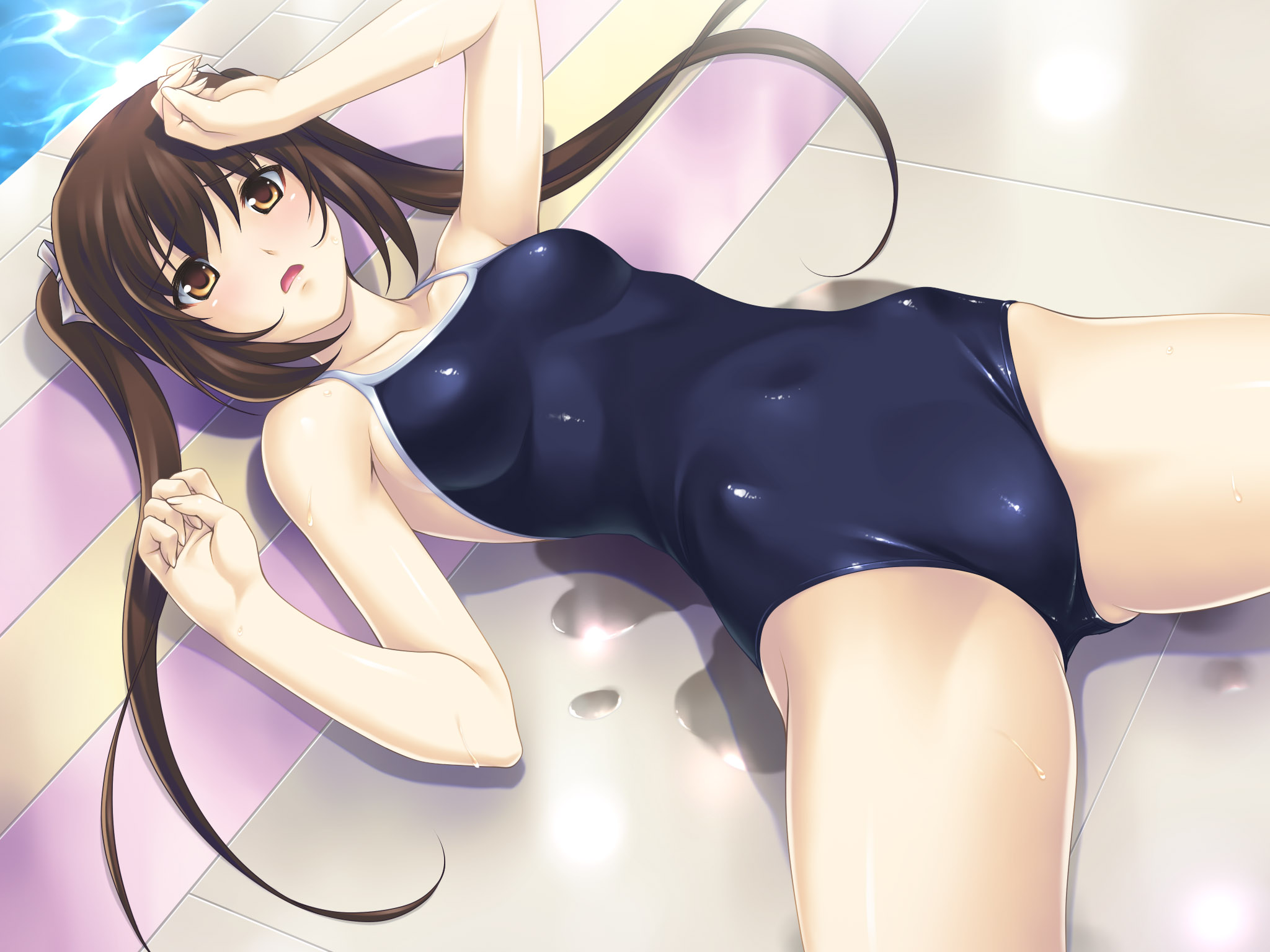 wacchi, original, highres, 1girl, arms up, blue one-piece swimsuit, blue school swimsuit, blush, bow, breasts, brown hair, competition school swimsuit, covered navel, cowboy shot, d:, female focus, from above, hair bow, hair ornament, hip bones, long hair, lying, on back, one-piece swimsuit, open mouth, pool, poolside, school swimsuit, skin tight, small breasts, solo, spread legs, swimsuit, twintails, wet, white bow