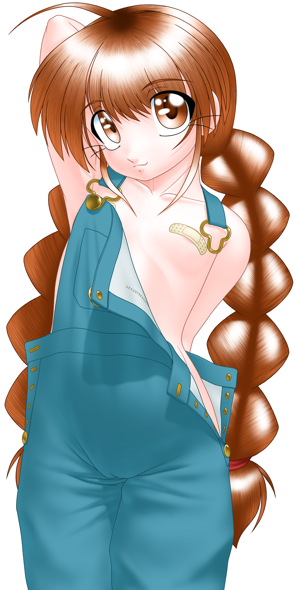 delica, yuka (delica), original, highres, 1girl, :3, bandaid, braid, brown eyes, brown hair, female focus, flat chest, loli, maebari, naked overalls, overalls, pasties, solo, twin braids, whiskers