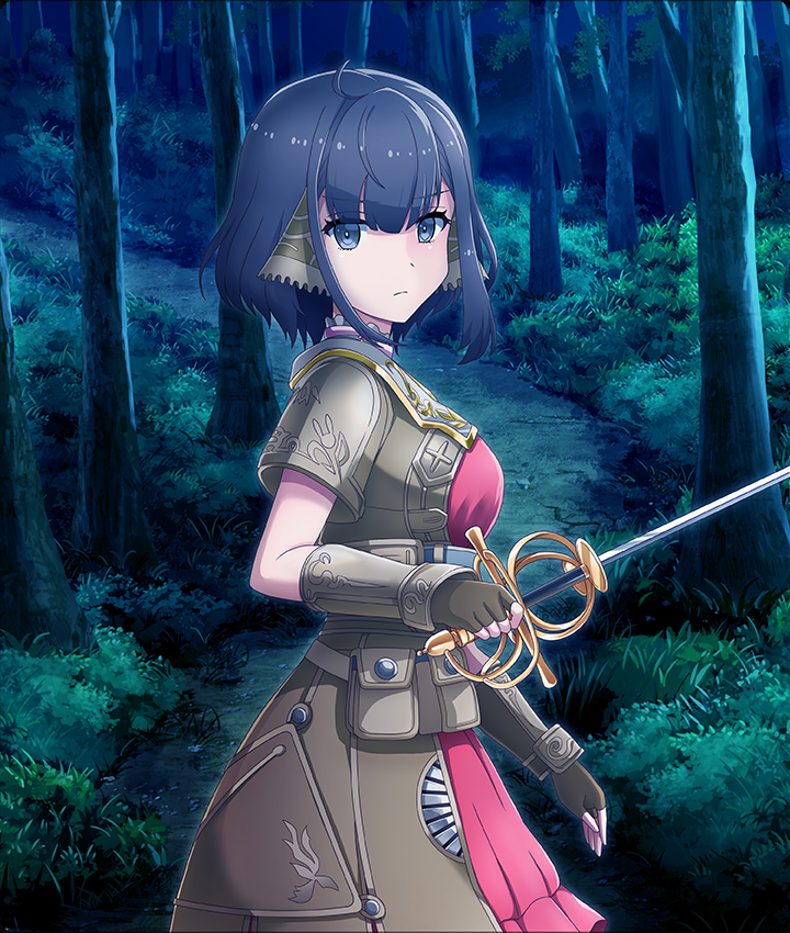 miki sauvester, nitta hirona, star ocean, star ocean: anamnesis, star ocean: integrity and faithlessness, toji no miko, toji no miko: kizamishi issen no tomoshibi, game cg, official art, third-party source, 1girl, ahoge, black hair, breasts, brown dress, brown gloves, closed mouth, cosplay, cowboy shot, dot nose, dress, fingerless gloves, forest, from side, gloves, grey eyes, holding, holding sword, holding weapon, large breasts, looking at viewer, looking to the side, miki sauvester (cosplay), nature, night, outdoors, path, rapier, road, short hair, short sleeves, sidelocks, solo, sword, tree, weapon