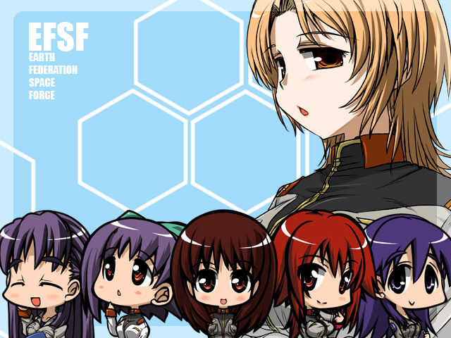 hirowa nagi, ata swanport, cherie allison, elina goodwill, hoa blanchett, miyu takisawa, noel anderson, gundam, gundam battlefield record uc 0081, gundam card builder, gundam lost war chronicles, gundam ms front 0079, gundam side story: from place beyond the blaze, bad id, bad pixiv id, 6+girls, allison cherie, blue hair, blush, brown hair, chibi, closed eyes, long hair, military, military uniform, multiple girls, orange hair, purple hair, red eyes, short hair