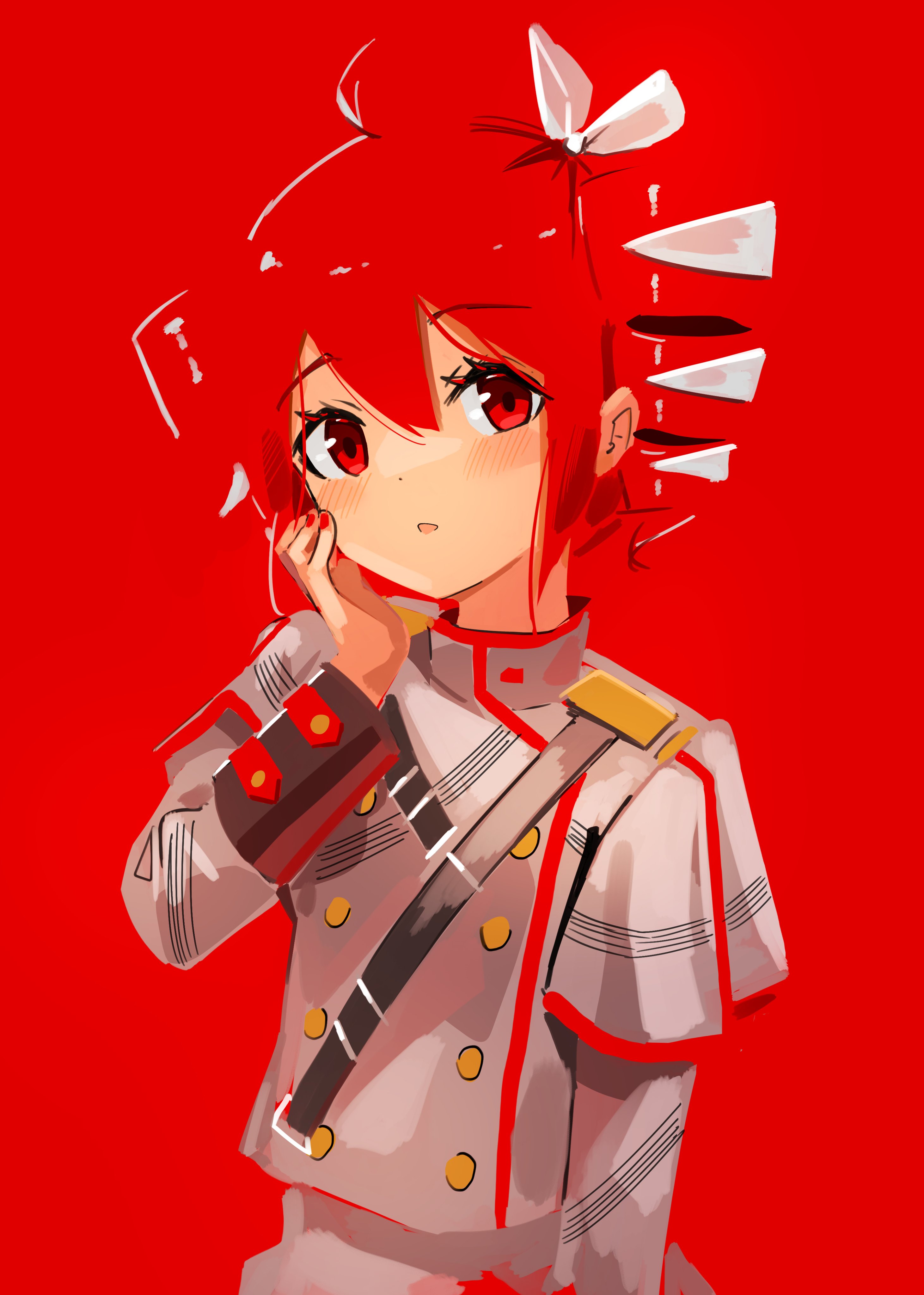 mp777b, kasane teto, kasane teto (sv), synthesizer v, utau, absurdres, highres, 1girl, :o, ahoge, blush, dot nose, drill hair, grey jacket, grey skirt, hand on own cheek, hand on own face, jacket, looking at viewer, open mouth, red background, red eyes, red hair, simple background, skirt, solo, twin drills, twintails, upper body
