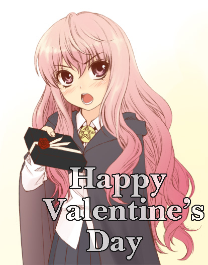 hitsujimura saki, louise francoise le blanc de la valliere, zero no tsukaima, 00s, 1girl, blush, cape, female focus, happy valentine, long hair, pentacle, pink eyes, pink hair, school uniform, skirt, solo, tsundere, valentine