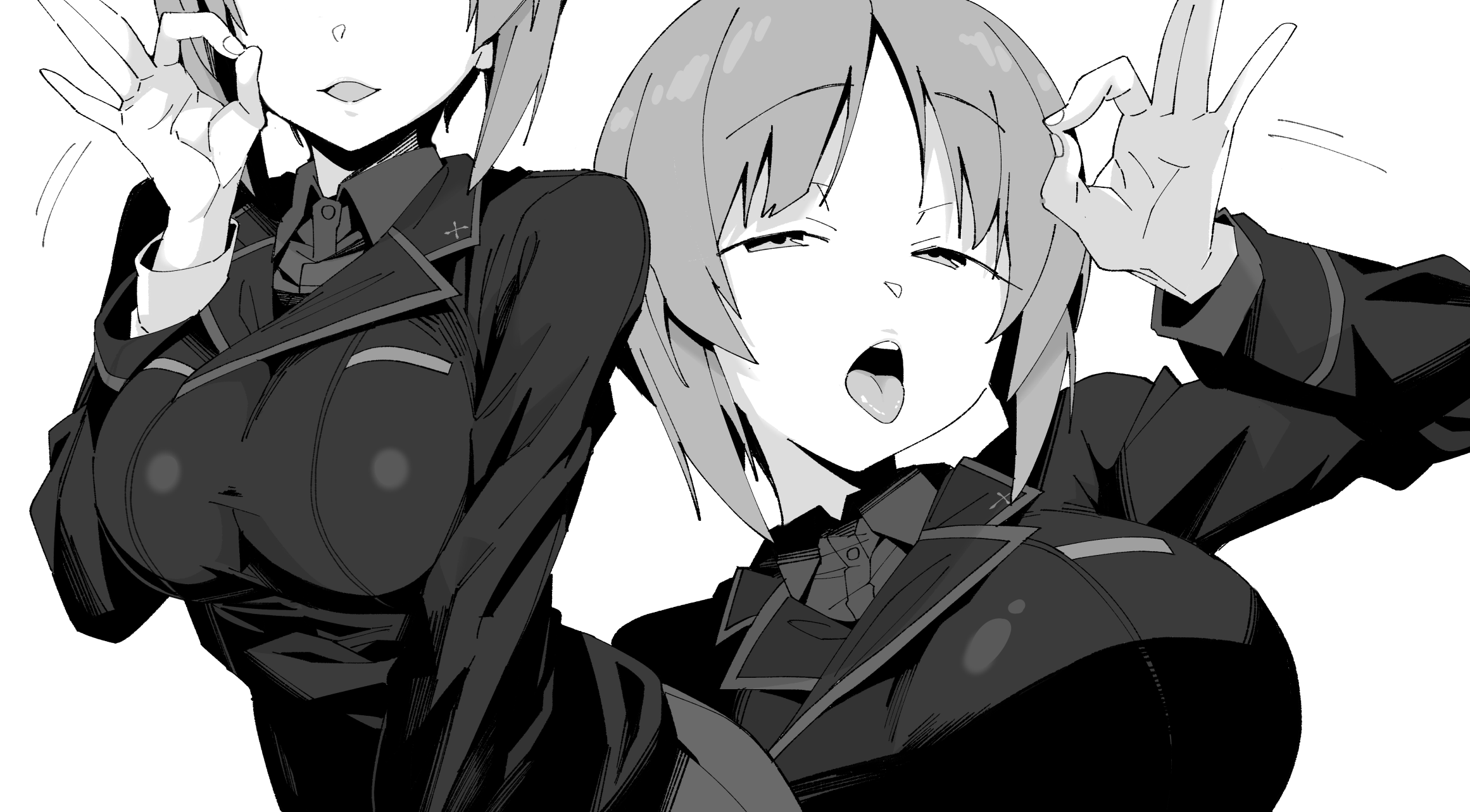 henyaan (oreizm), nishizumi miho, girls und panzer, commentary request, highres, 1girl, breasts, fellatio gesture, greyscale, large breasts, long sleeves, looking at viewer, military uniform, monochrome, multiple views, naughty face, ooarai military uniform, open mouth, short hair, simple background, tongue, tongue out, white background