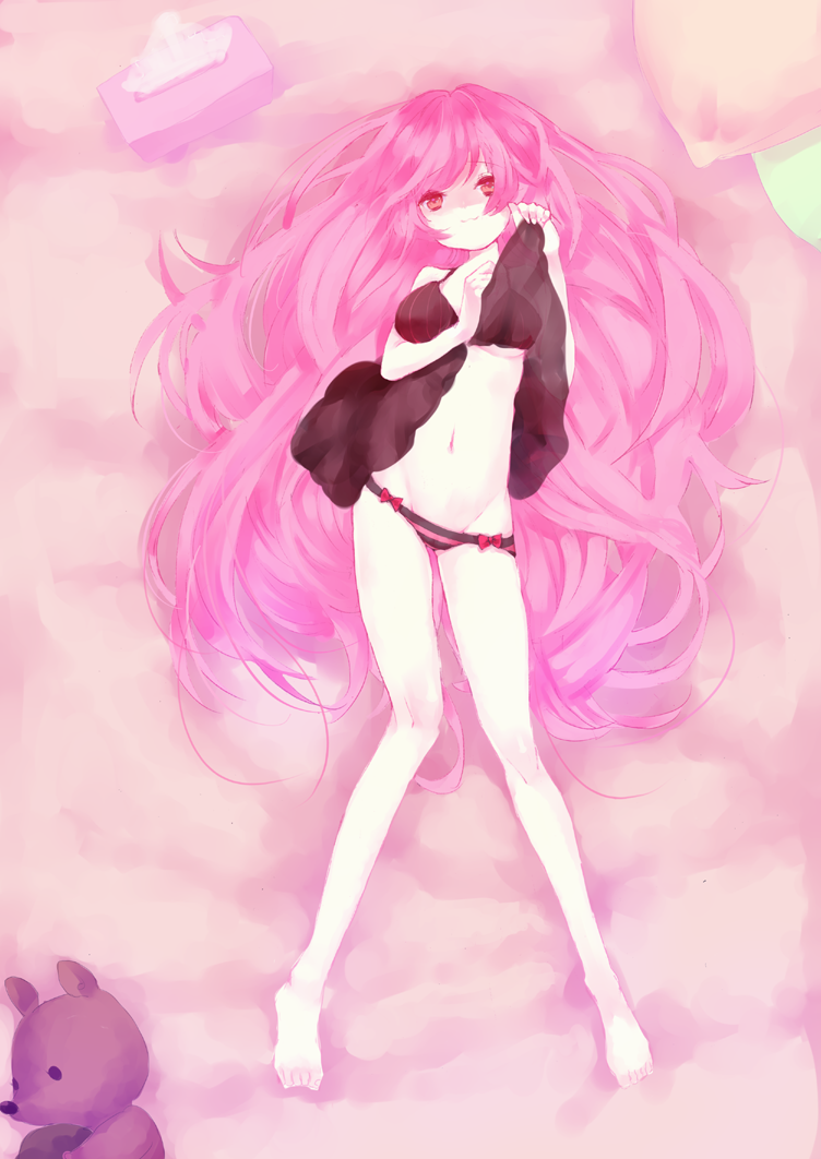 kajiami, bad id, bad pixiv id, 1girl, :3, barefoot, bra, female focus, full body, lingerie, long hair, lowleg, lying, panties, pink hair, solo, tissue, tissue box, underwear, undressing