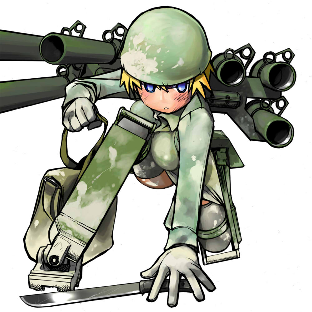 kuuro kuro, original, 1girl, blonde hair, blue eyes, female focus, gloves, helmet, knife, mecha musume, military, rocket launcher, soldier, solo, thighhighs, weapon