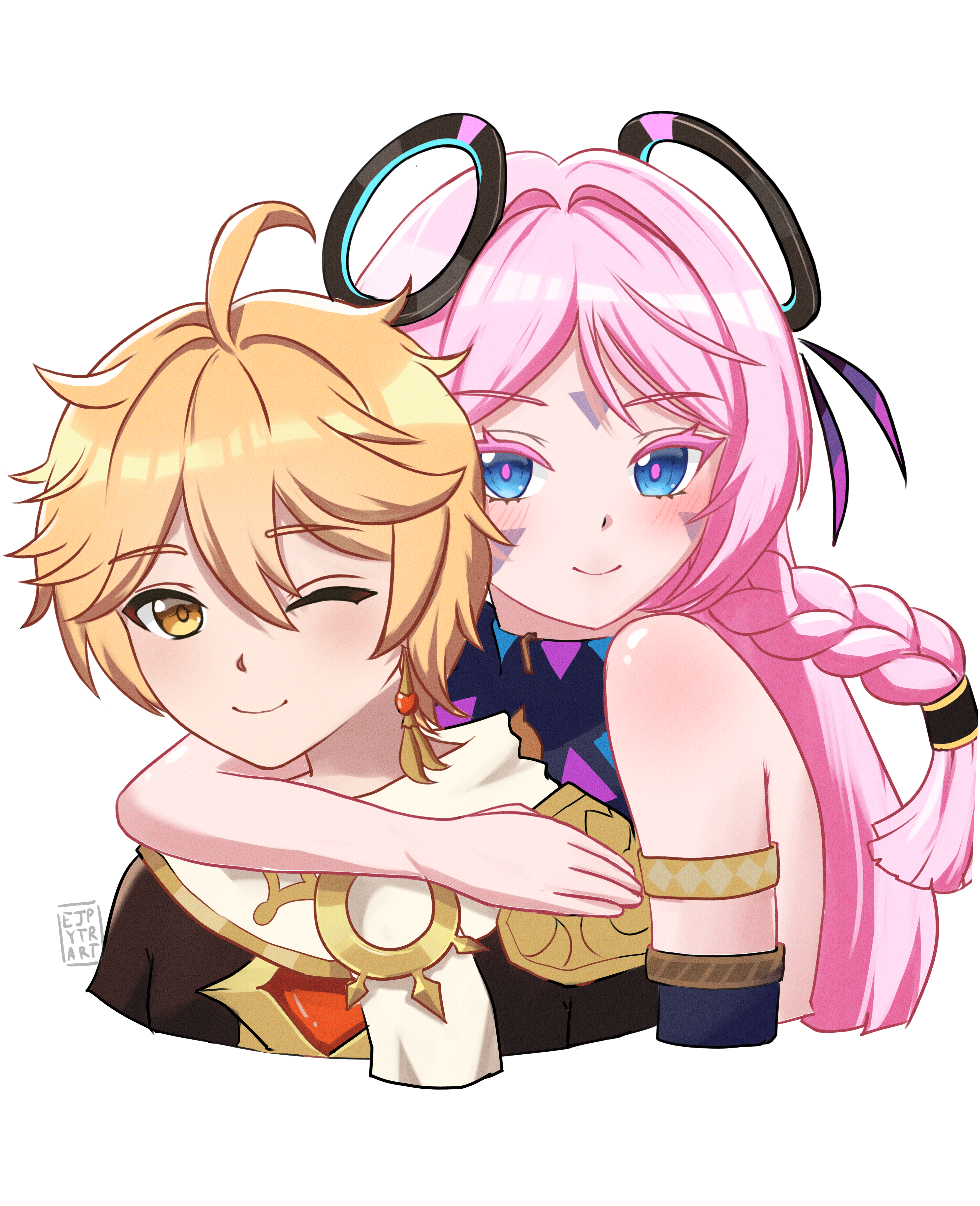 ejpytr, aether (genshin impact), citlali (genshin impact), genshin impact, absurdres, commentary request, highres, 1boy, 1girl, ahoge, bare shoulders, blonde hair, blue eyes, blush, braid, facial tattoo, hetero, long hair, one eye closed, pink hair, smile, tattoo, twin braids