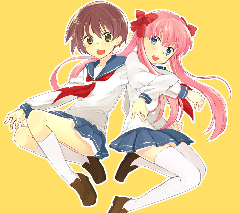 ecocube, eka eri, haramura nodoka, miyanaga saki, saki (manga), arm grab, bad id, bad pixiv id, 00s, 2girls, blue eyes, bow, brown eyes, brown hair, hair bow, holding another's arm, kneehighs, long hair, multiple girls, neckerchief, pink hair, red neckerchief, school uniform, serafuku, short hair, skirt, socks, thighhighs, twintails, zettai ryouiki