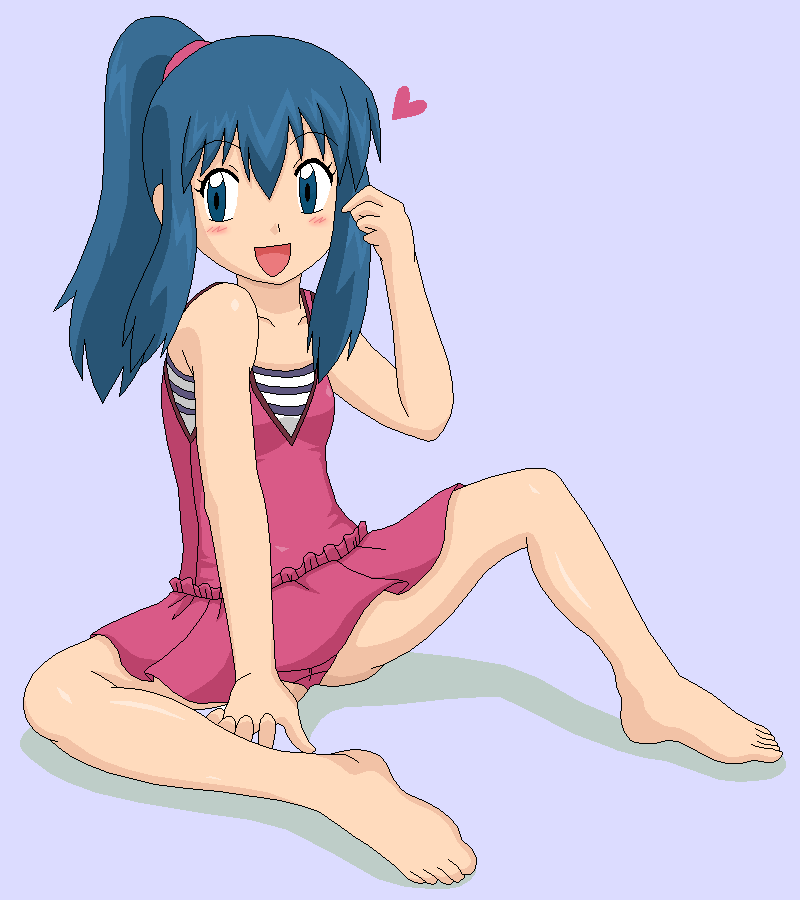 kuro hopper, dawn (pokemon), nintendo, pokemon, pokemon: arceus and the jewel of life, pokemon (anime), pokemon dppt (anime), bad id, bad pixiv id, 1girl, alternate costume, alternate hairstyle, barefoot, blush, feet, female focus, happy, heart, oekaki, one-piece swimsuit, ponytail, sitting, solo, spread legs, swimsuit