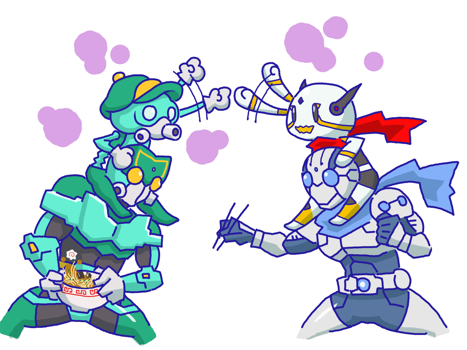 chaki-dx, chaki (teasets), kamen rider cdrw, kamen rider chaki, kamen rider joe, kamen rider, original, 2boys, carrying, food, multiple boys, noodles, ramen, scarf, shoulder carry