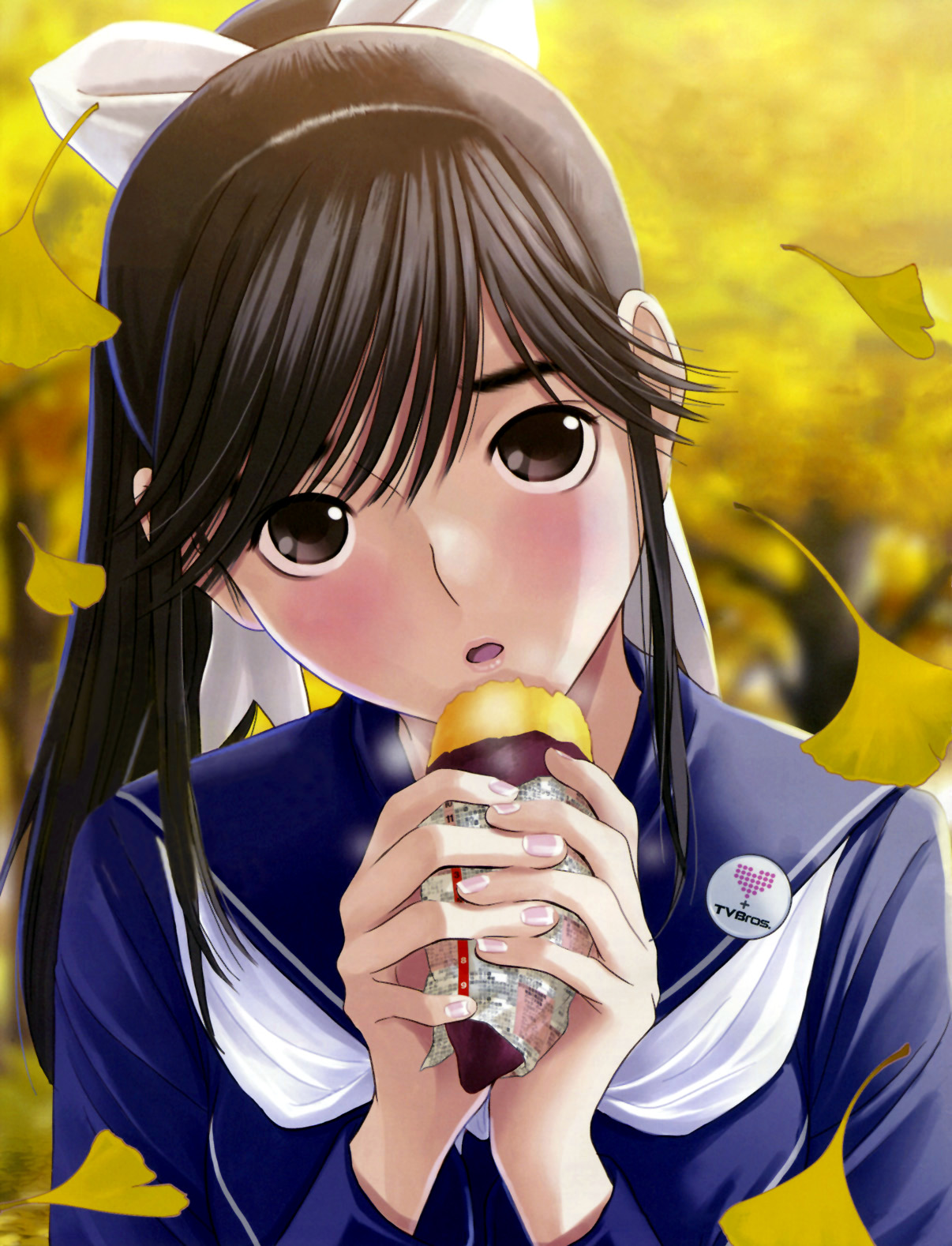 mino tarou, takane manaka, love plus, highres, official art, 1girl, autumn, black eyes, black hair, blurry, blush, bow, breath, brown eyes, buttons, day, depth of field, eating, female focus, food, hair bow, hair ribbon, head tilt, heart, leaf, lips, long sleeves, looking at viewer, outdoors, ponytail, ribbon, sailor, school uniform, serafuku, solo, sweet potato, tree, upper body