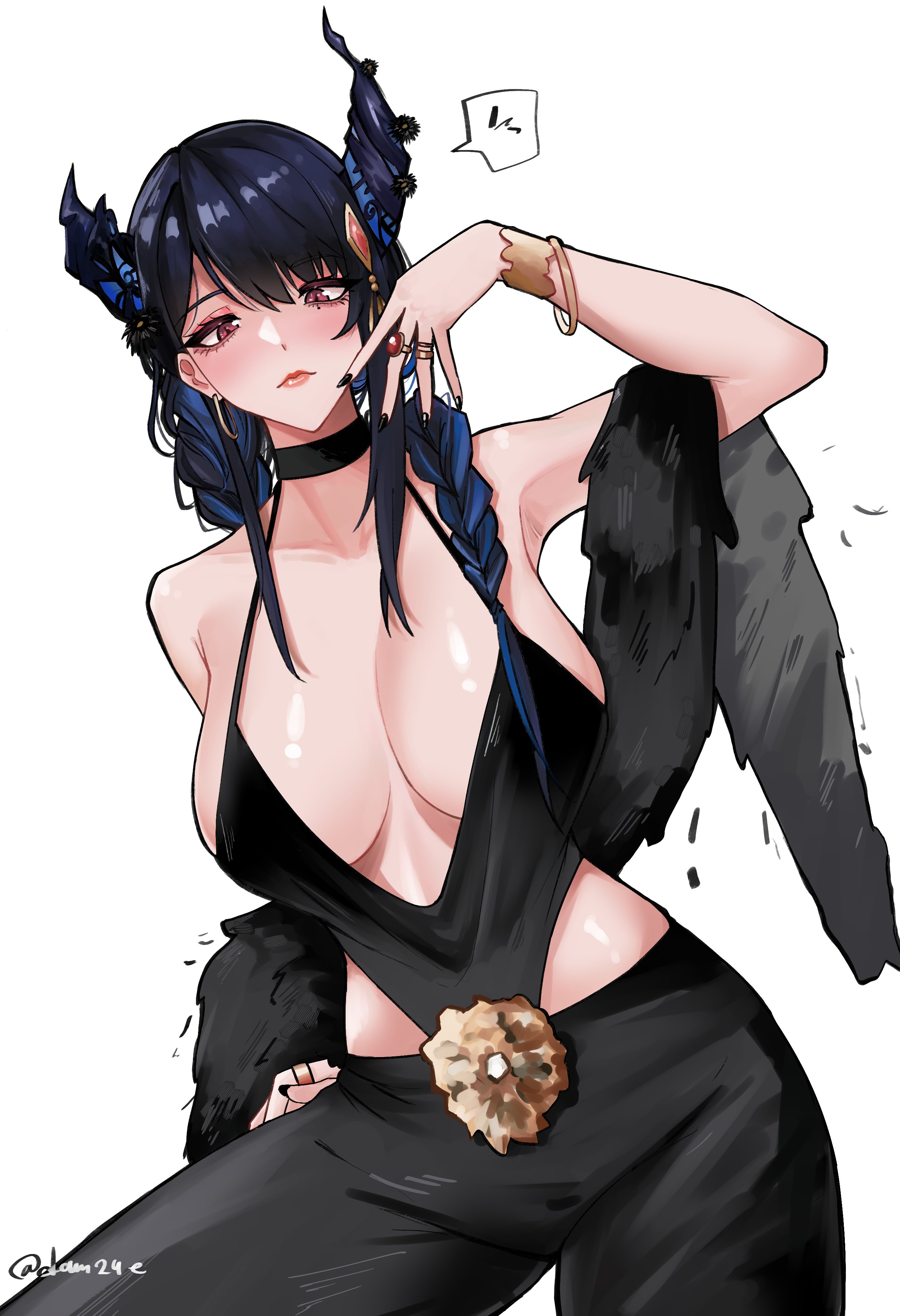 adammaarr, nerissa ravencroft, hololive, hololive english, absurdres, highres, bare shoulders, black camisole, black hair, black horns, black pants, blue hair, breasts, camisole, cleavage, cowboy shot, horns, large breasts, multicolored hair, pants, simple background, two-tone hair, virtual youtuber, white background