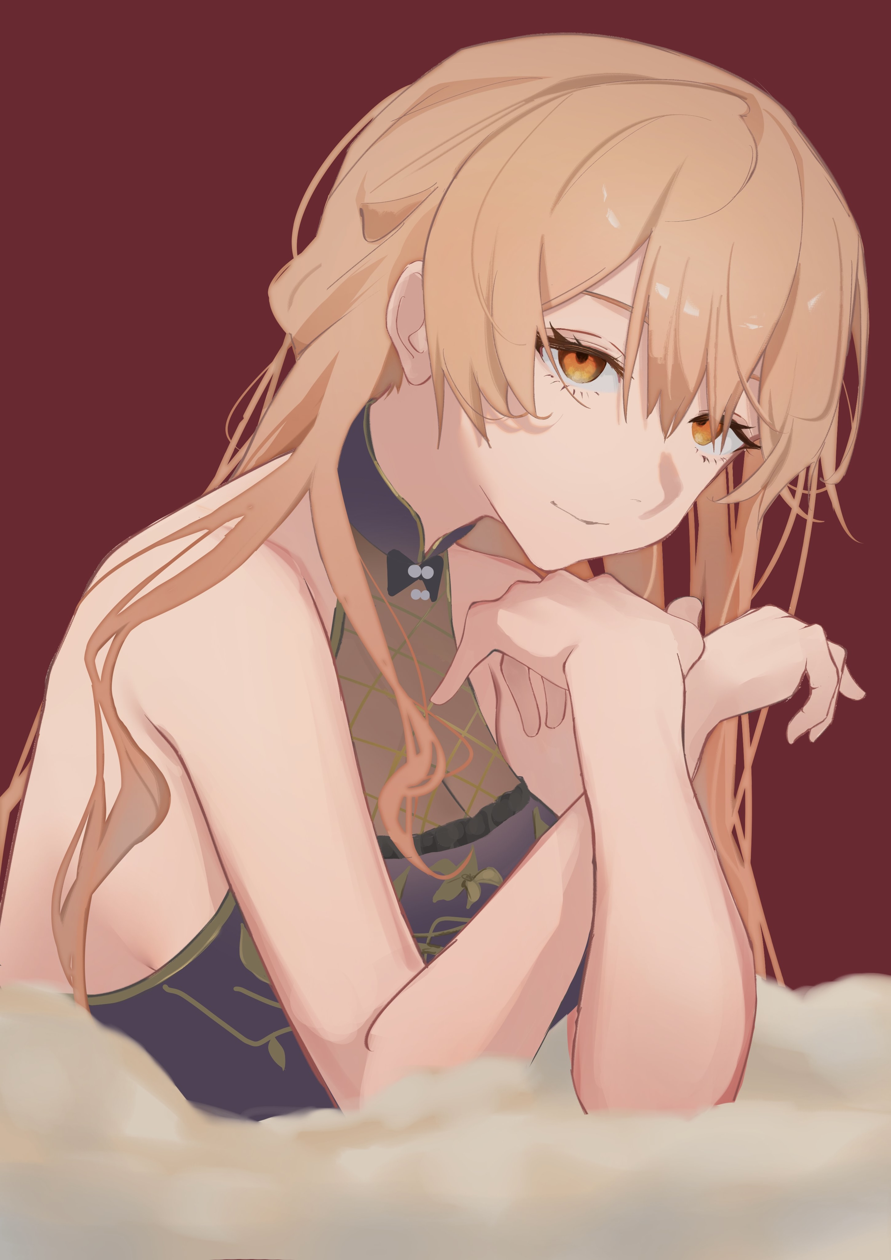 sei (bigaa), ots-14 (girls' frontline), ots-14 (sangria succulent) (girls' frontline), girls' frontline, absurdres, chinese commentary, commentary request, highres, 1girl, blonde hair, china dress, chinese clothes, closed mouth, dress, light smile, long hair, official alternate costume, orange eyes, purple dress, red background, sleeveless, sleeveless dress, solo, upper body
