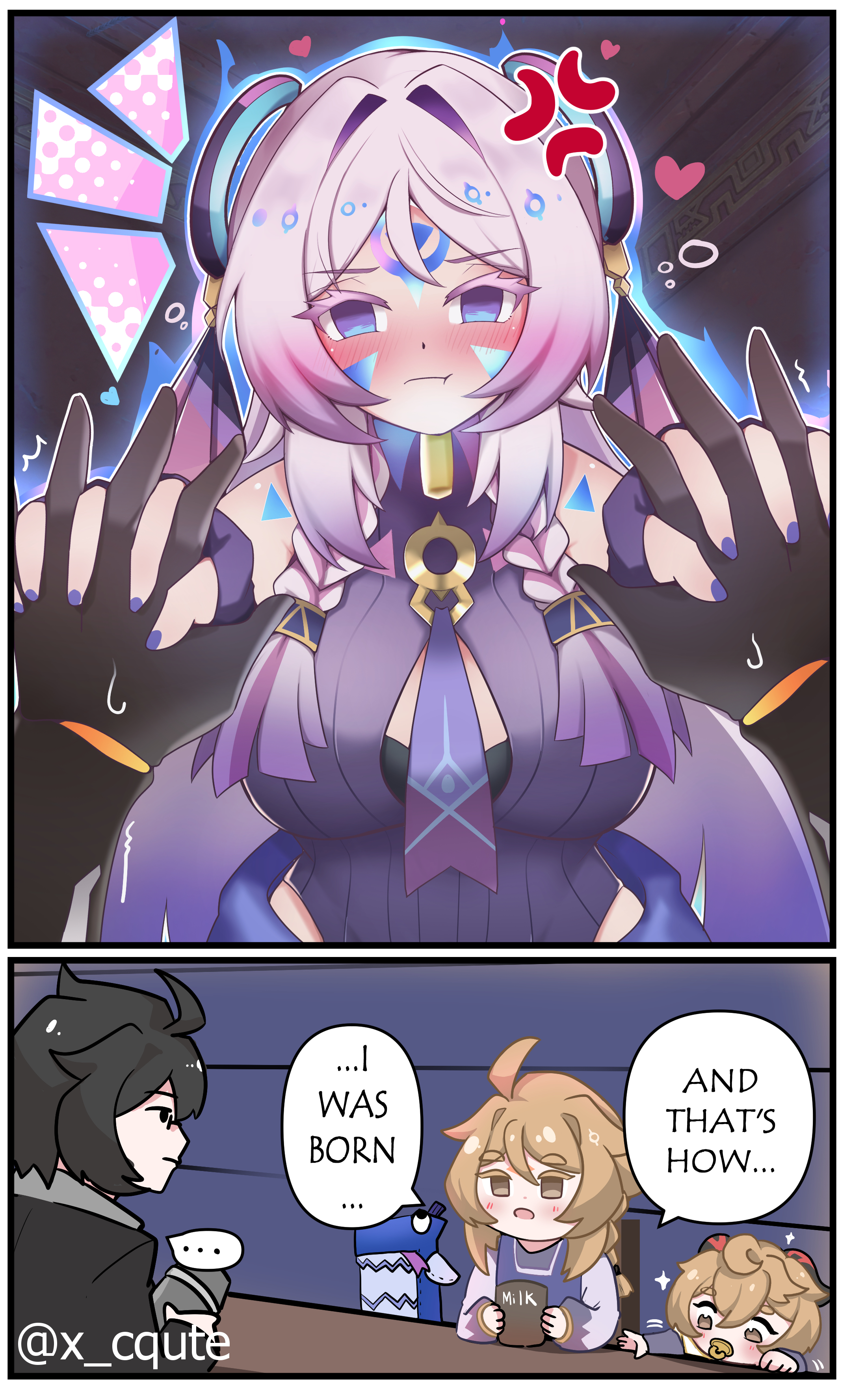 dr.kira, aether (genshin impact), citlali (genshin impact), itzpapa (genshin impact), genshin impact, absurdres, commentary, english commentary, highres, 2girls, 3boys, anger vein, bare shoulders, black hair, blonde hair, blue eyes, blush, braid, breasts, english text, facial tattoo, goat horns, hetero, holding hands, horns, if they mated, long hair, medium breasts, milk, multiple boys, multiple girls, pacifier, pink hair, pout, speech bubble, tattoo, twin braids