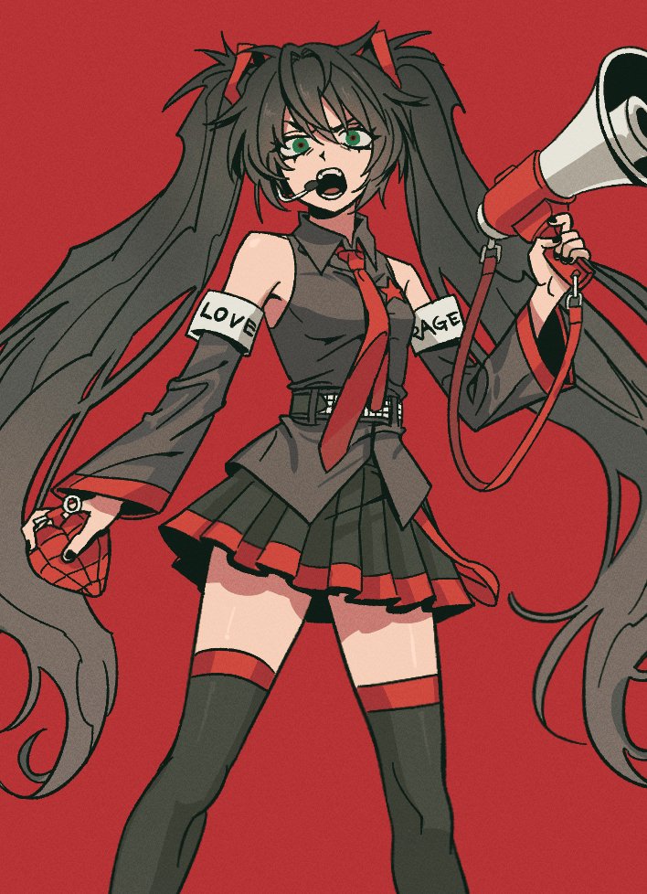 hatsune miku, green day, vocaloid, commentary, english commentary, 1girl, alternate color, alternate costume, alternate hair color, armband, baoul101552, belt, black shirt, black skirt, black thighhighs, breasts, collared shirt, detached sleeves, explosive, feet out of frame, green eyes, grenade, hair between eyes, hair ornament, headset, holding, holding grenade, holding megaphone, long hair, looking at viewer, medium breasts, megaphone, necktie, open mouth, pleated skirt, red background, red necktie, shirt, skirt, sleeveless, sleeveless shirt, teeth, thighhighs, tongue, twintails, white armband