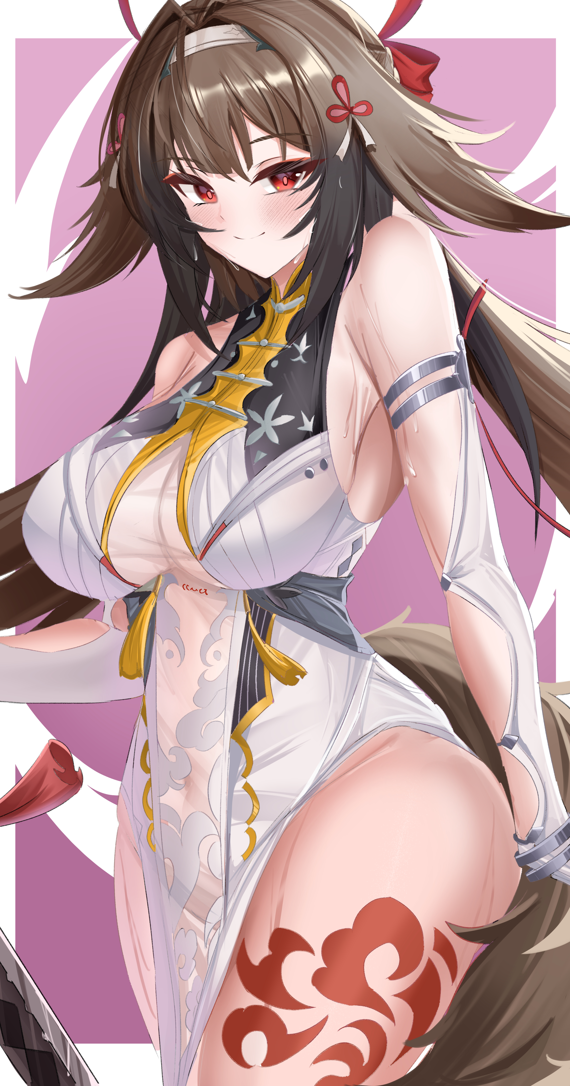 kuro (blackpgmickey), ye shunguang, zenless zone zero, absurdres, commentary, highres, 1girl, animal ears, armlet, black streaks, breasts, china dress, chinese clothes, clover hair ornament, covered navel, dress, droopy ears, fox ears, fox girl, fox tail, hair ornament, headband, jewelry, large breasts, leg tattoo, light blush, looking at viewer, red eyes, see-through cleavage, see-through clothes, sideboob, sleeveless, smirk, sweat, tail, tattoo, thighs