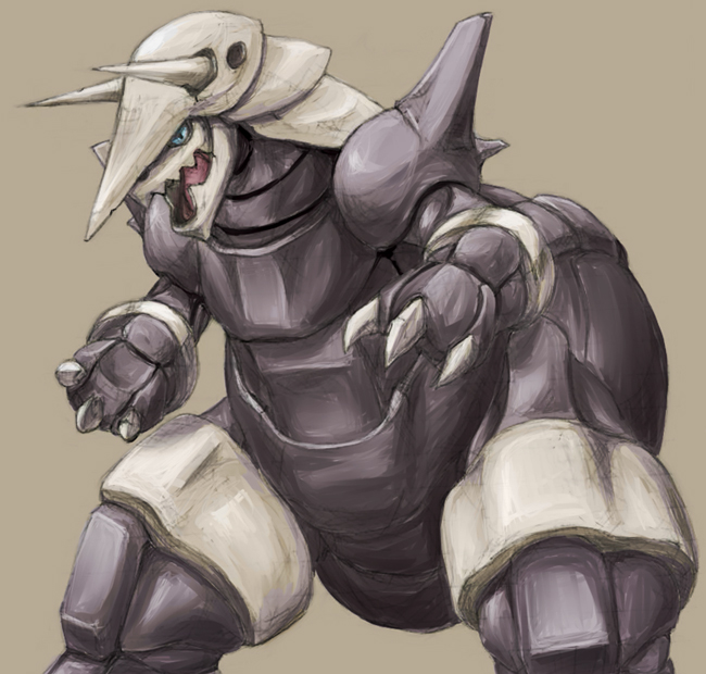 serene (gusarme), serene (pixiv66339), aggron, nintendo, pokemon, :d, brown background, claws, cowboy shot, fighting stance, gen 3 pokemon, horns, monster, no humans, open mouth, pokemon (creature), simple background, sketch, smile, solo