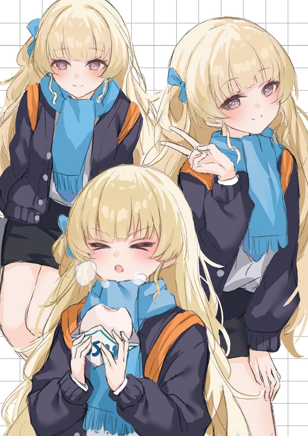 kuramoto beta-carotene, phoebe (wuthering waves), wuthering waves, commentary request, highres, 1girl, backpack, bag, black jacket, black skirt, blonde hair, blue ribbon, blue scarf, blush, breath, closed eyes, closed mouth, grid background, gs25, hair ribbon, hand up, jacket, long hair, multiple views, official alternate costume, open mouth, orange bag, ribbon, scarf, skirt, smile, v, white background