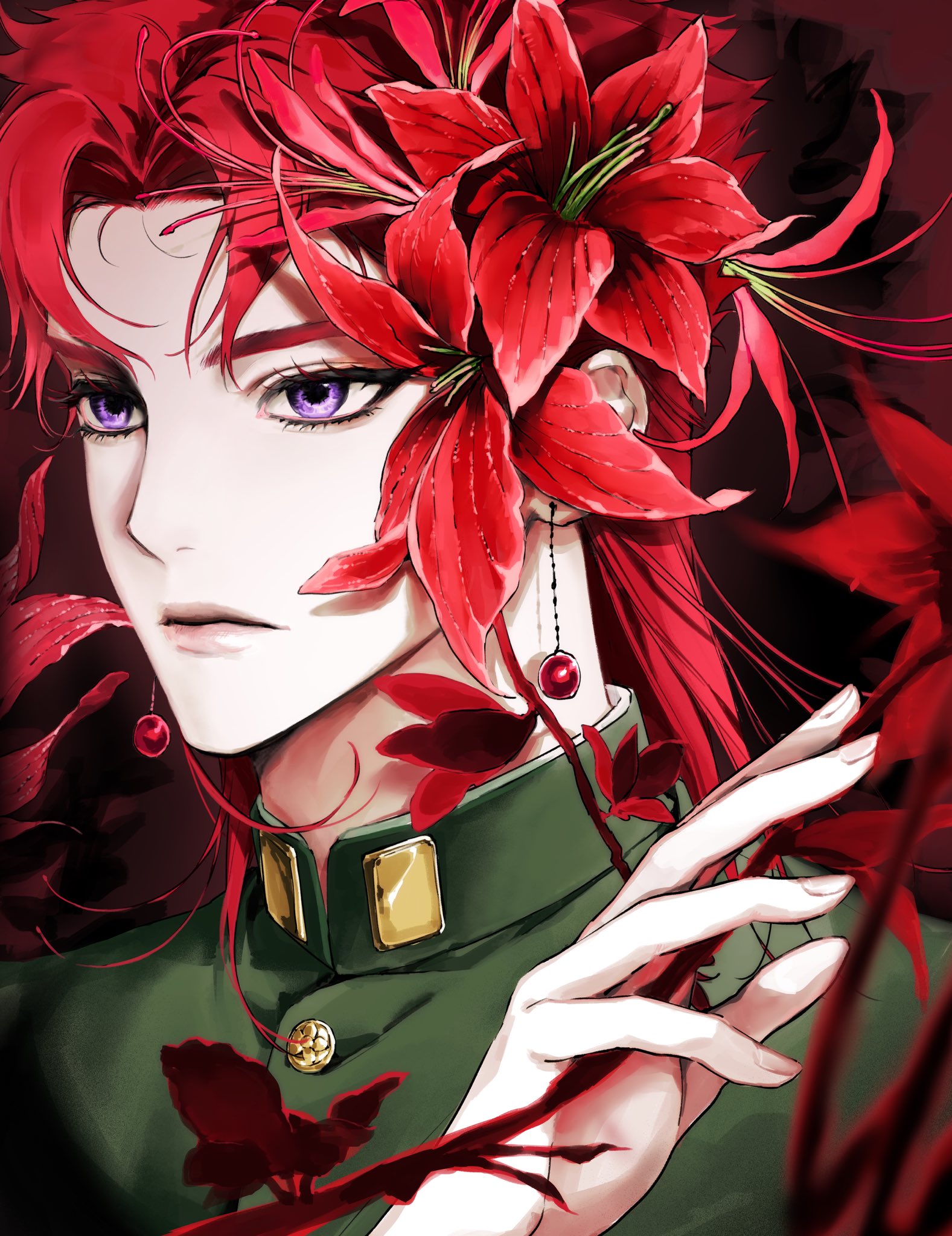 kakyoin noriaki, jojo no kimyou na bouken, stardust crusaders, highres, 1boy, cherry earrings, coat, earrings, flower, food-themed earrings, food themed earrings, gakuran, green coat, hair flower, hair ornament, high collar, jewelry, mago579, male focus, medium hair, portrait, purple eyes, red flower, red hair, school uniform, solo