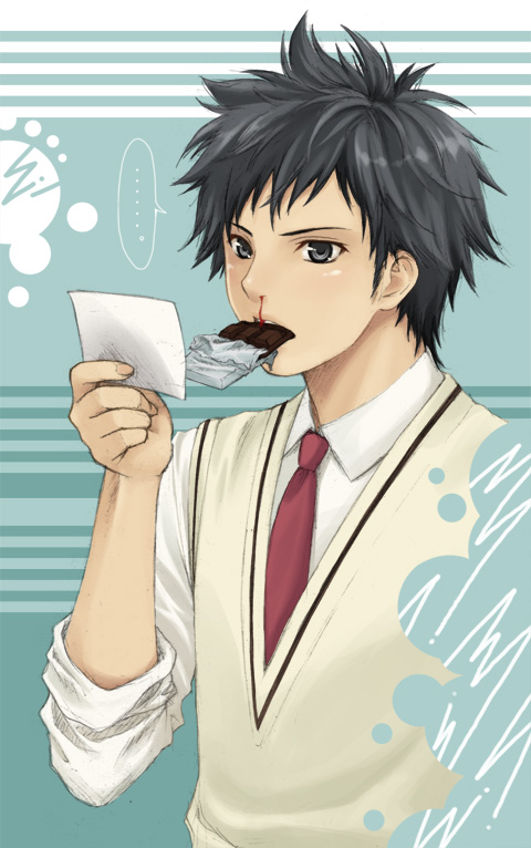 hitsujimura saki, minami natsuki, minami-ke, 00s, 1boy, black eyes, black hair, blood, candy, chocolate, chocolate bar, food, male focus, mouth hold, necktie, nosebleed, note, photo (object), school uniform, solo, sweater vest, vest