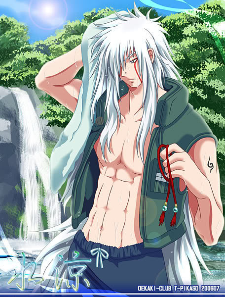 jiraiya (naruto), naruto (classic), naruto (series), artist request, 1boy, forest, male focus, nature, ninja, open clothes, open shirt, outdoors, shirt, sky, solo, tattoo, towel, water, waterfall, wet, white hair