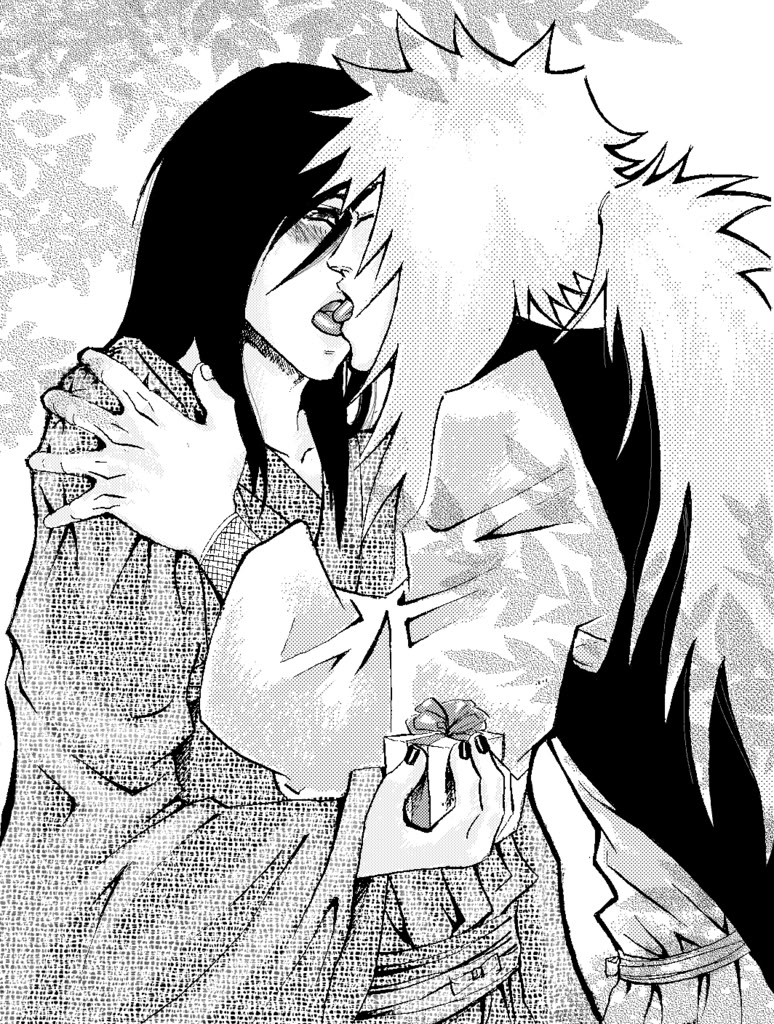 slippeddee, jiraiya (naruto), orochimaru (naruto), naruto (classic), naruto (series), 2boys, gift, kiss, male focus, monochrome, multiple boys, tongue, yaoi