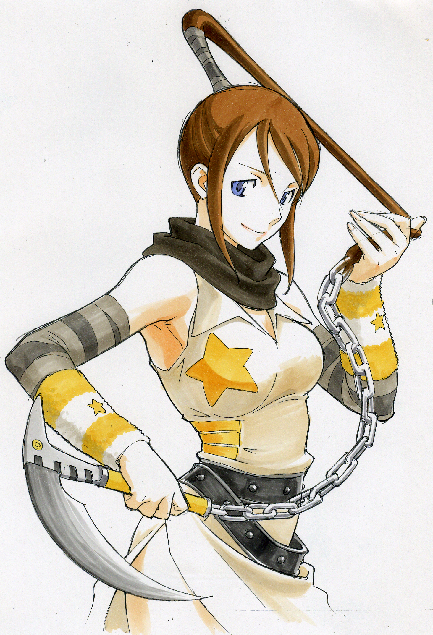 gorigo, kama, nakatsukasa tsubaki, soul eater, highres, marker (medium), traditional media, 00s, 1girl, blue eyes, breasts, brown hair, chain, chain scythe, cleavage, female focus, kusarigama, large breasts, ponytail, sickle, simple background, solo, weapon