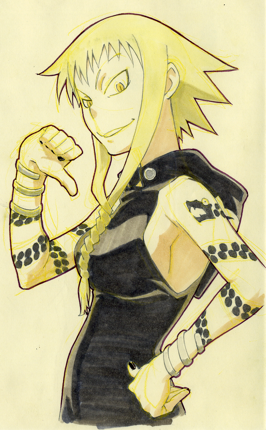 gorigo, medusa gorgon, soul eater, highres, marker (medium), traditional media, 00s, 1girl, blonde hair, female focus, hand on own hip, monochrome, simple background, solo, witch, yellow eyes