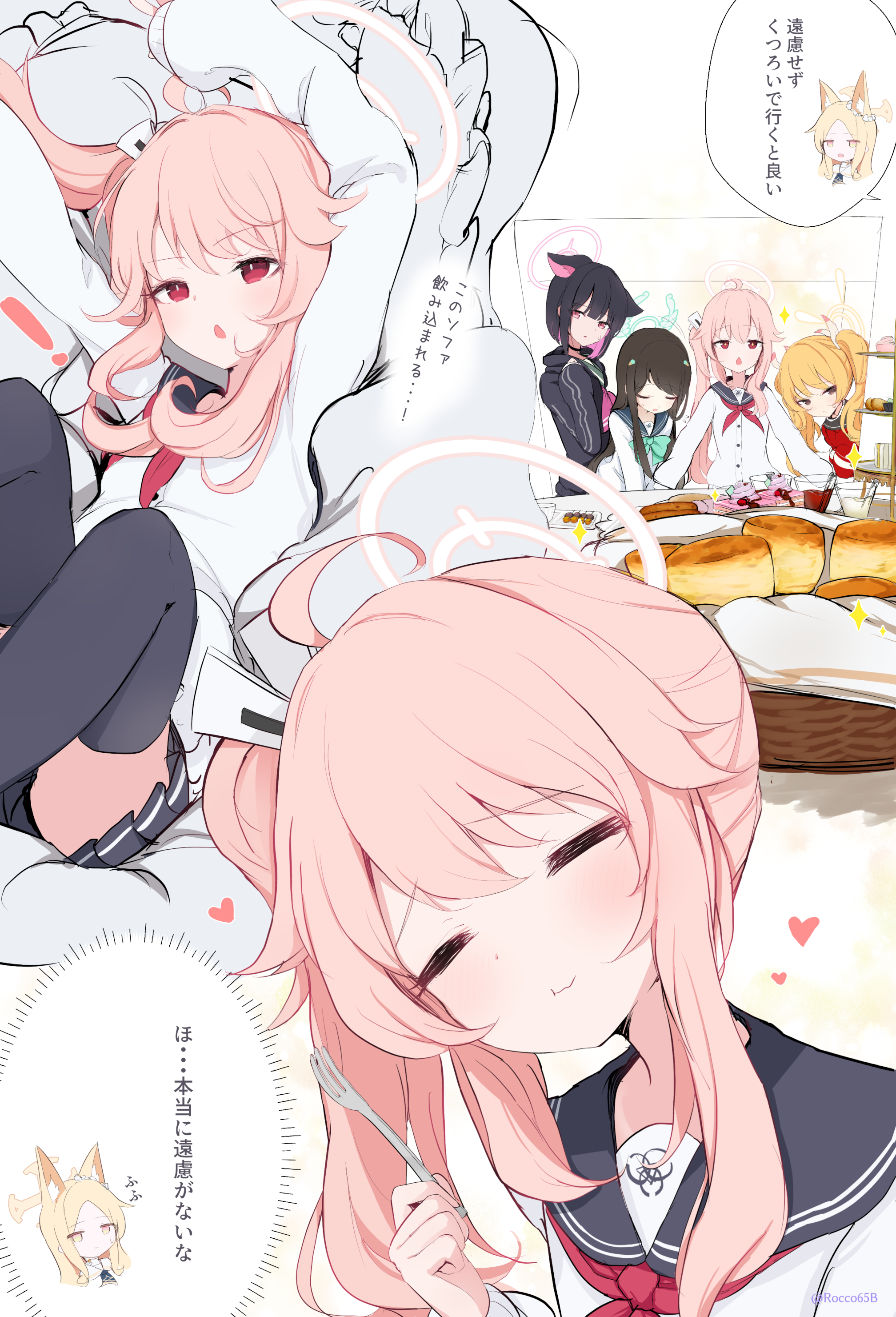 sakurano rocco, airi (blue archive), kazusa (blue archive), natsu (blue archive), seia (blue archive), yoshimi (blue archive), blue archive, 5girls, bread, food, japanese text, multiple girls, pink hair, school uniform, side ponytail, simple background, white background