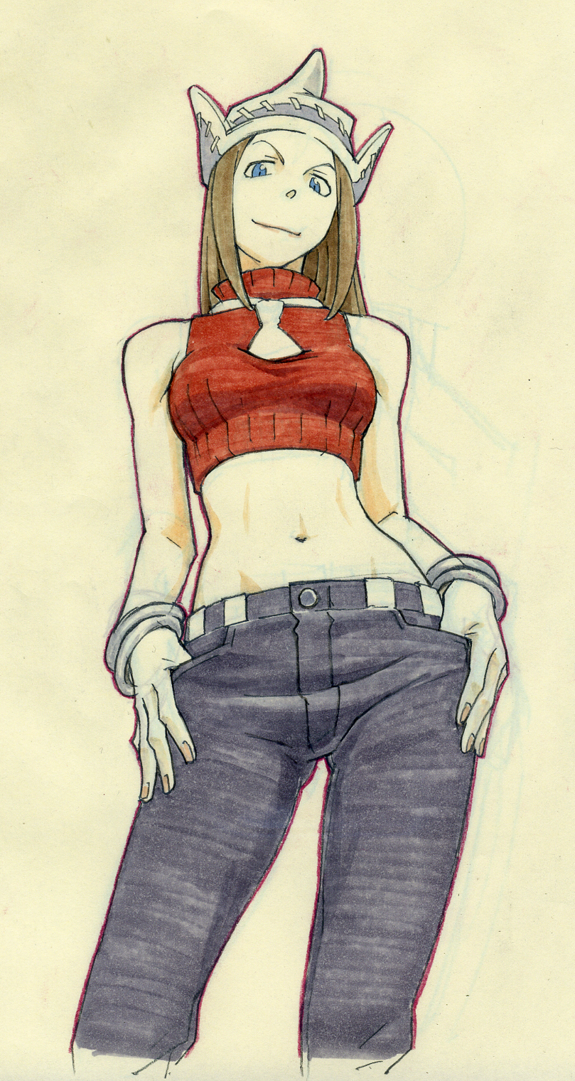 gorigo, elizabeth thompson, soul eater, highres, marker (medium), scan, scan artifacts, traditional media, 00s, 1girl, bare shoulders, bleed through, blonde hair, blue eyes, breasts, crop top, denim, female focus, hands in pockets, hands on own hips, hat, jeans, long hair, midriff, navel, necktie, pants, simple background, small breasts, solo, turtleneck