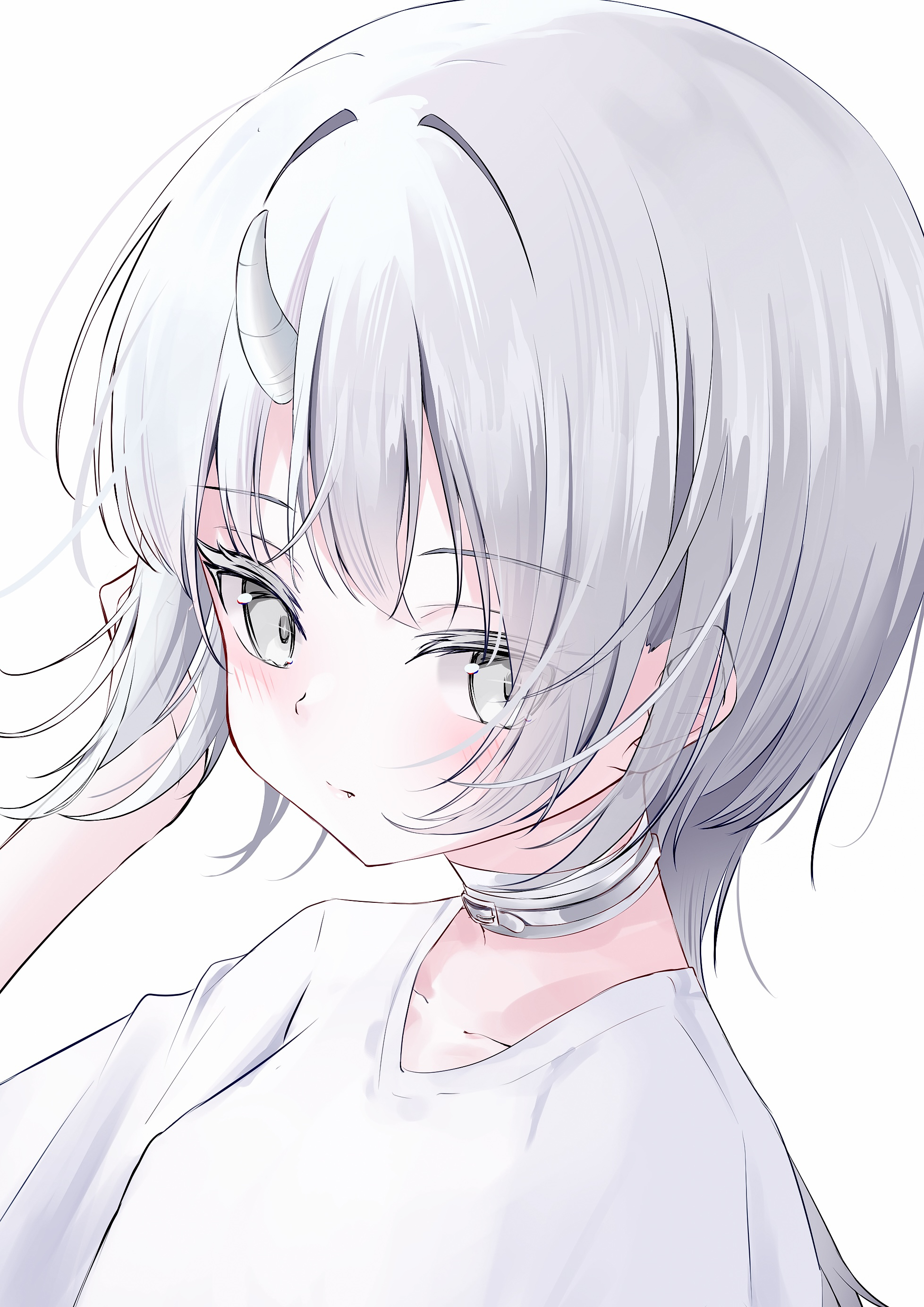 yamamotokeisuke1004, original, absurdres, commentary request, highres, 1girl, bandaged neck, bandages, belt, belt collar, closed mouth, collar, expressionless, fang, grey eyes, grey hair, hair intakes, horns, light blush, looking at viewer, shirt, simple background, single horn, solo, t-shirt, upper body, white background, white belt, white shirt