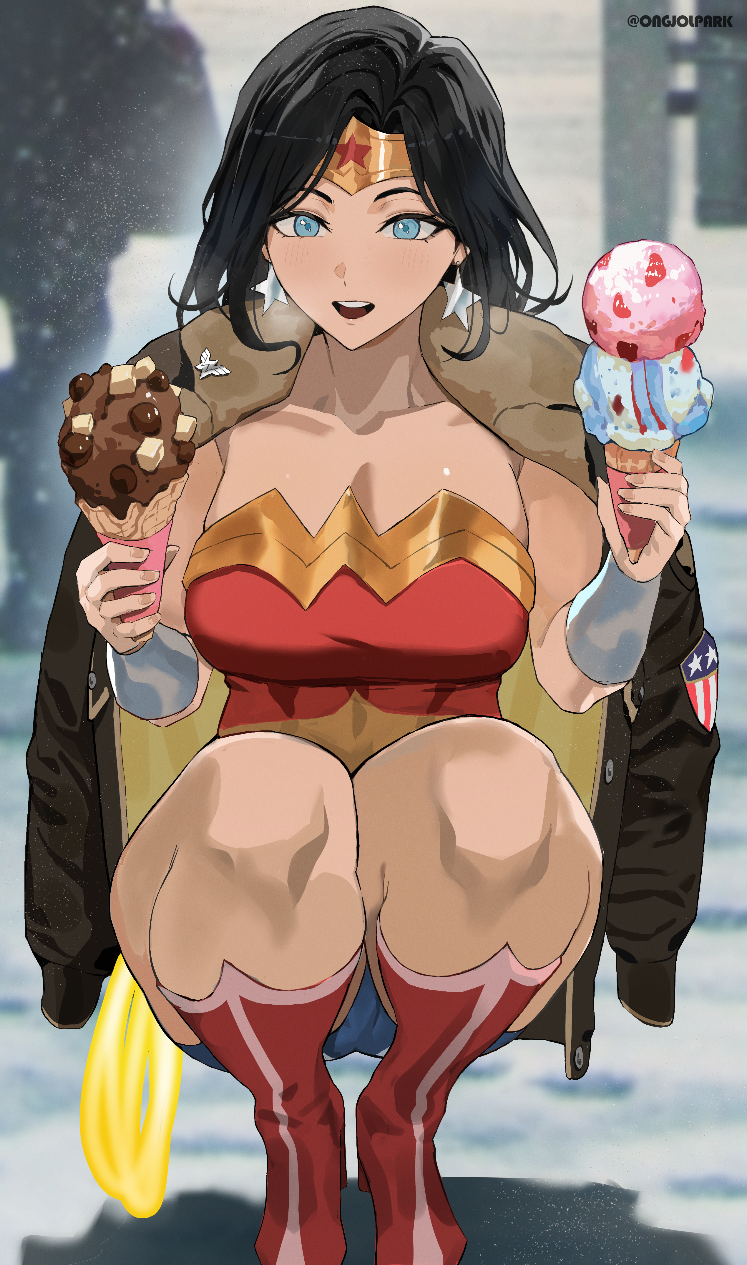 park ongjol, wonder woman, dc comics, dc universe (franchise), wonder woman (series), absurdres, commentary, english commentary, highres, 1girl, :d, abs, artist name, black hair, blue eyes, bracer, breasts, breath, burger, circlet, coat, coat on shoulders, food, food focus, holding, holding ice cream cone, ice cream cone, jewelry, large breasts, lasso of truth, long hair, muscular, muscular female, open mouth, smile, snow, solo, squatting, superhero costume, thick thighs, thighs, tiara