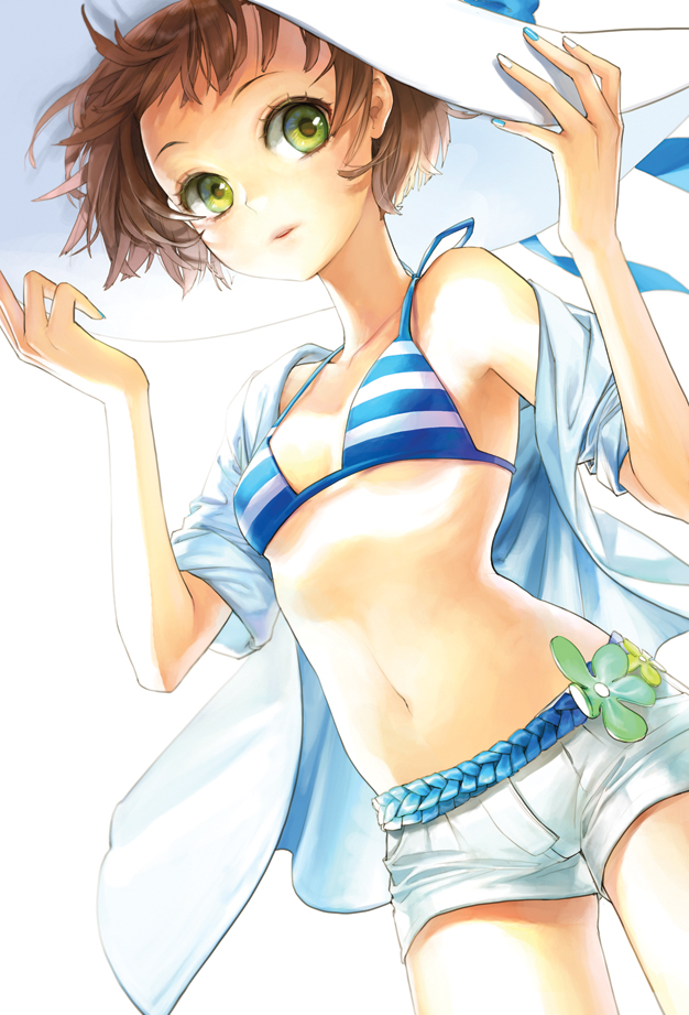 salt (salty), original, 1girl, armpits, belt, bikini, bikini top only, blue nails, brown hair, dutch angle, female focus, flat chest, flower, green eyes, hat, lips, multicolored nails, nail polish, navel, off shoulder, open clothes, open shirt, ribs, shirt, short shorts, shorts, solo, striped bikini, striped clothes, sun hat, swimsuit, white nails