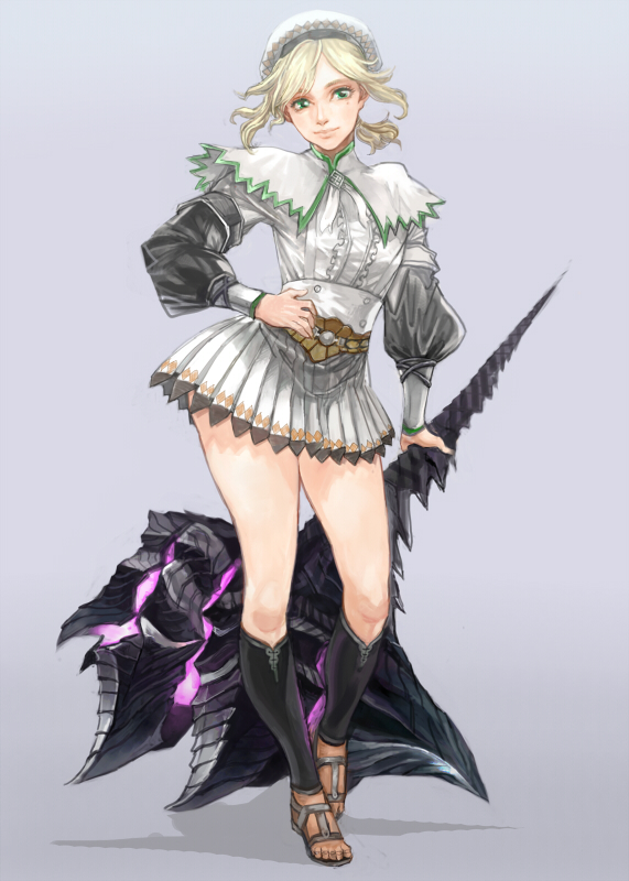 touge (kubiwa tsuki), capcom, monster hunter (series), monster hunter 3, original, bad id, bad pixiv id, 1girl, belt, beret, black socks, blonde hair, buttons, capelet, feet, female focus, flat chest, frills, glowing, green eyes, hammer, hand on own hip, hat, huge weapon, kneehighs, legs, lips, looking at viewer, mole, pleated skirt, ponytail, pteruges, ribbon, sandals, scholar (armor), shadow, short hair, simple background, skirt, smile, socks, solo, tiptoes, toeless legwear, turtleneck, wavy hair, weapon