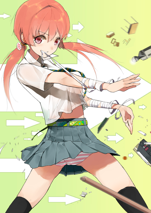 sasamori tomoe, bad id, bad pixiv id, 1girl, arrow (symbol), artistic error, ass, bad anatomy, bandages, blurry, brown eyes, depth of field, female focus, kneehighs, midriff, motion blur, mouth hold, orange hair, panties, pantyshot, red eyes, school uniform, see-through clothes, short twintails, skirt, socks, solo, striped clothes, striped panties, thighhighs, twintails, underwear, upskirt