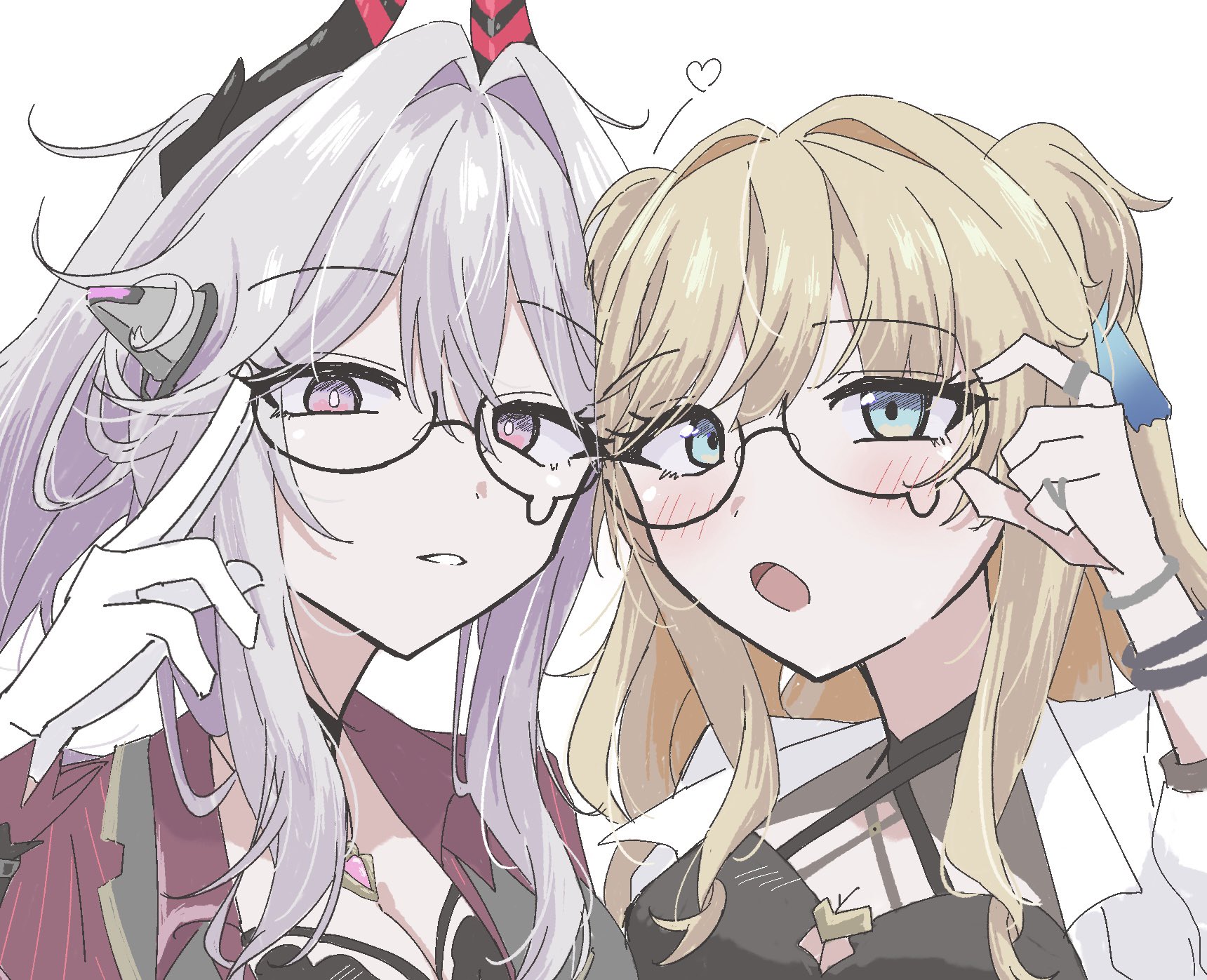 88 9, songque, thelema nutriscu, honkai (series), honkai impact 3rd, highres, 2girls, bangle, blonde hair, blush, bracelet, breasts, choker, cleavage, gloves, green eyes, hair ornament, heart, horns, jacket, jewelry, long hair, multiple girls, parted lips, pink eyes, ring, strap, tassel, tassel hair ornament, teardrop-framed glasses, white background, white hair