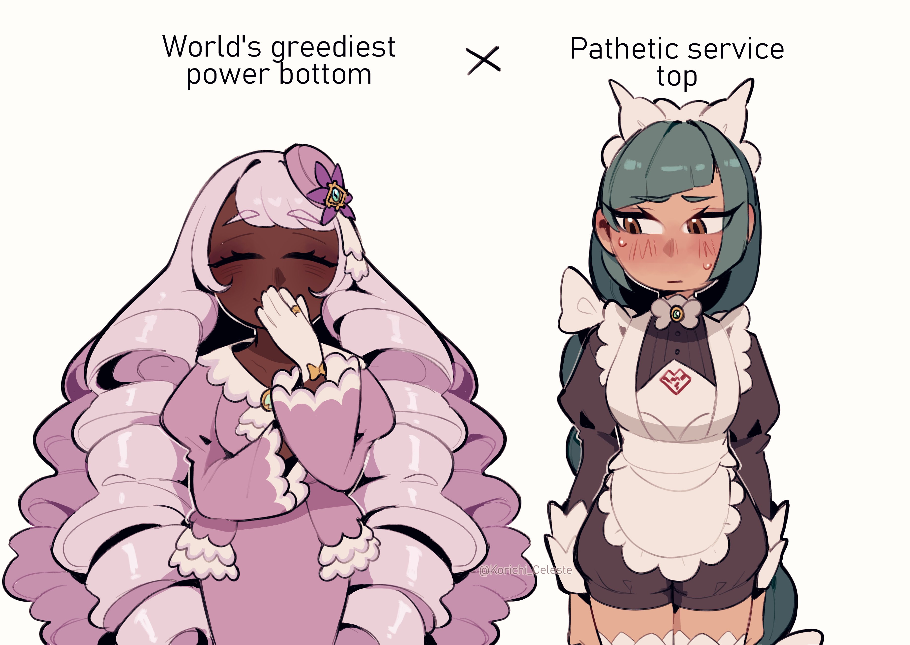 korichi celeste, jacinthe (pokemon), lebanne (pokemon), nintendo, pokemon, pokemon legends: z-a, master and servant, absurdres, commentary, english commentary, highres, 2girls, ^ ^, apron, ascot, averting eyes, black romper, blush, bow, bowtie, braid, braided ponytail, brown eyes, closed eyes, covering own mouth, cowboy shot, dark-skinned female, dark skin, dress, english text, facing viewer, fascinator, frilled ascot, frilled dress, frilled sleeves, frills, gloves, gold ring, green hair, hair ornament, half-closed eyes, hand over own mouth, hand up, juliet sleeves, light frown, long braid, long hair, long sleeves, looking to the side, low drills, maid apron, maid headdress, multiple girls, puffy sleeves, purple dress, romper, ship dynamics, slit pupils, smile, sweatdrop, top/bottom dynamic annotated, very dark skin, very long hair, white bow, white bowtie, white gloves, yuri