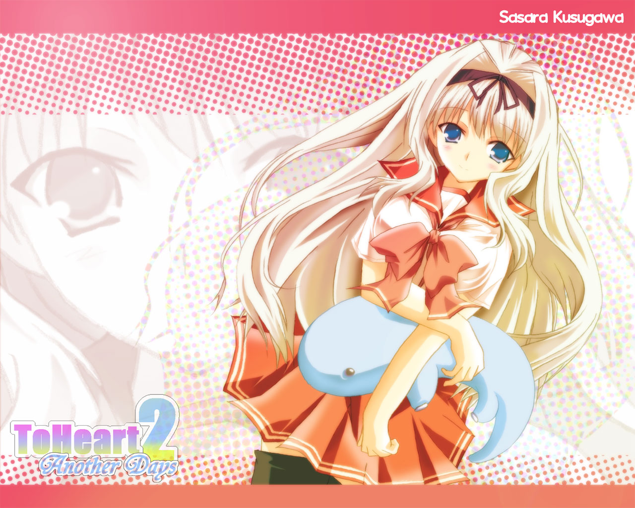 kusugawa sasara, to heart (series), to heart 2, 00s, 1girl, black thighhighs, blonde hair, blue eyes, blush, female focus, hair intakes, hairband, inflatable dolphin, inflatable toy, long hair, looking at viewer, school uniform, solo, thighhighs, very long hair, zettai ryouiki