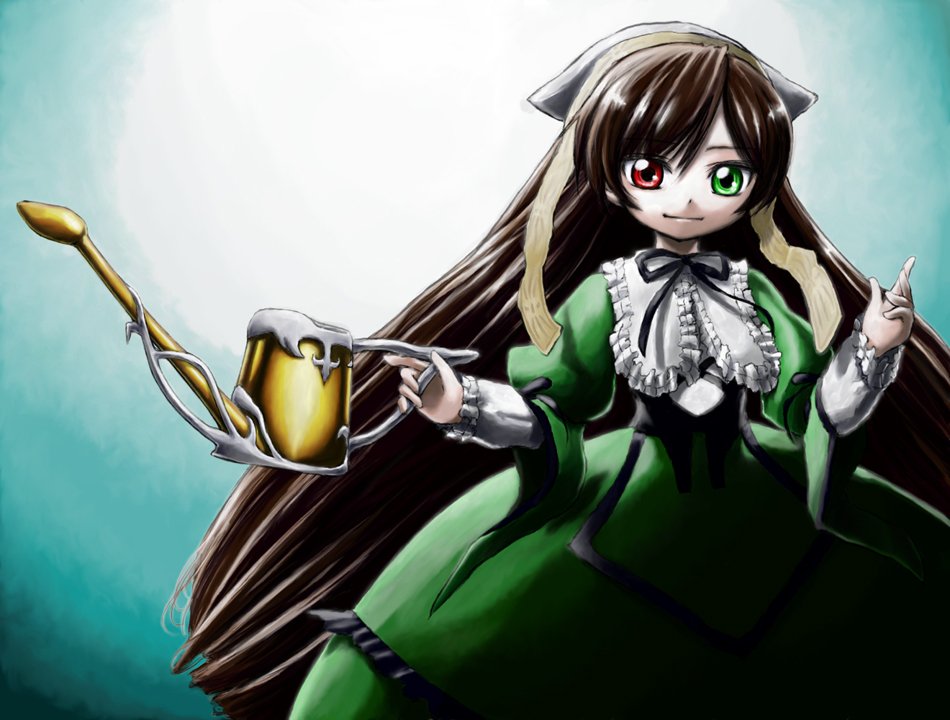 iseki, iseki (kuroshura no tabiji), iseki (otameshi), suiseiseki, rozen maiden, bad id, bad pixiv id, 00s, 1girl, brown hair, dress, female focus, headscarf, heterochromia, long hair, solo, watering can, white headscarf