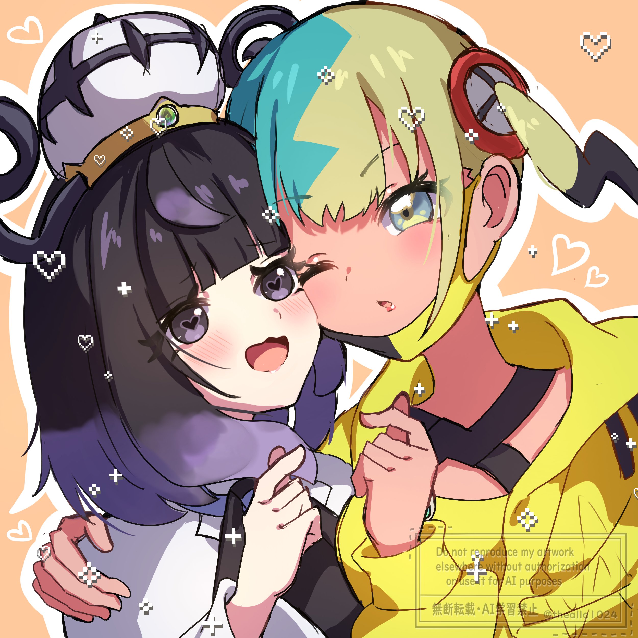 thealla1024, canari (pokemon), gwynn (pokemon), nintendo, pokemon, pokemon legends: z-a, absurdres, commentary request, highres, 2girls, :d, ;o, aqua hair, arm around shoulder, bandeau, black dress, black hair, blonde hair, blue eyes, blunt bangs, blush, bob cut, cheek-to-cheek, coat, dark-skinned female, dark skin, dress, eyelashes, hat, heads together, heart, heart-shaped pupils, jacket, long sleeves, looking at another, mega stone, multicolored hair, multiple girls, one eye closed, open clothes, open coat, open jacket, open mouth, purple eyes, purple hair, short hair, smile, split-color hair, symbol-shaped pupils, upper body, white coat, yellow bandeau, yellow jacket, yuri