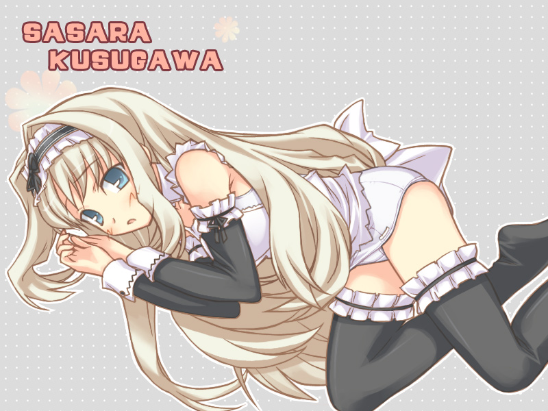 kusugawa sasara, to heart (series), to heart 2, 00s, apron, blonde hair, one-piece swimsuit, school swimsuit, solo, swimsuit, thighhighs