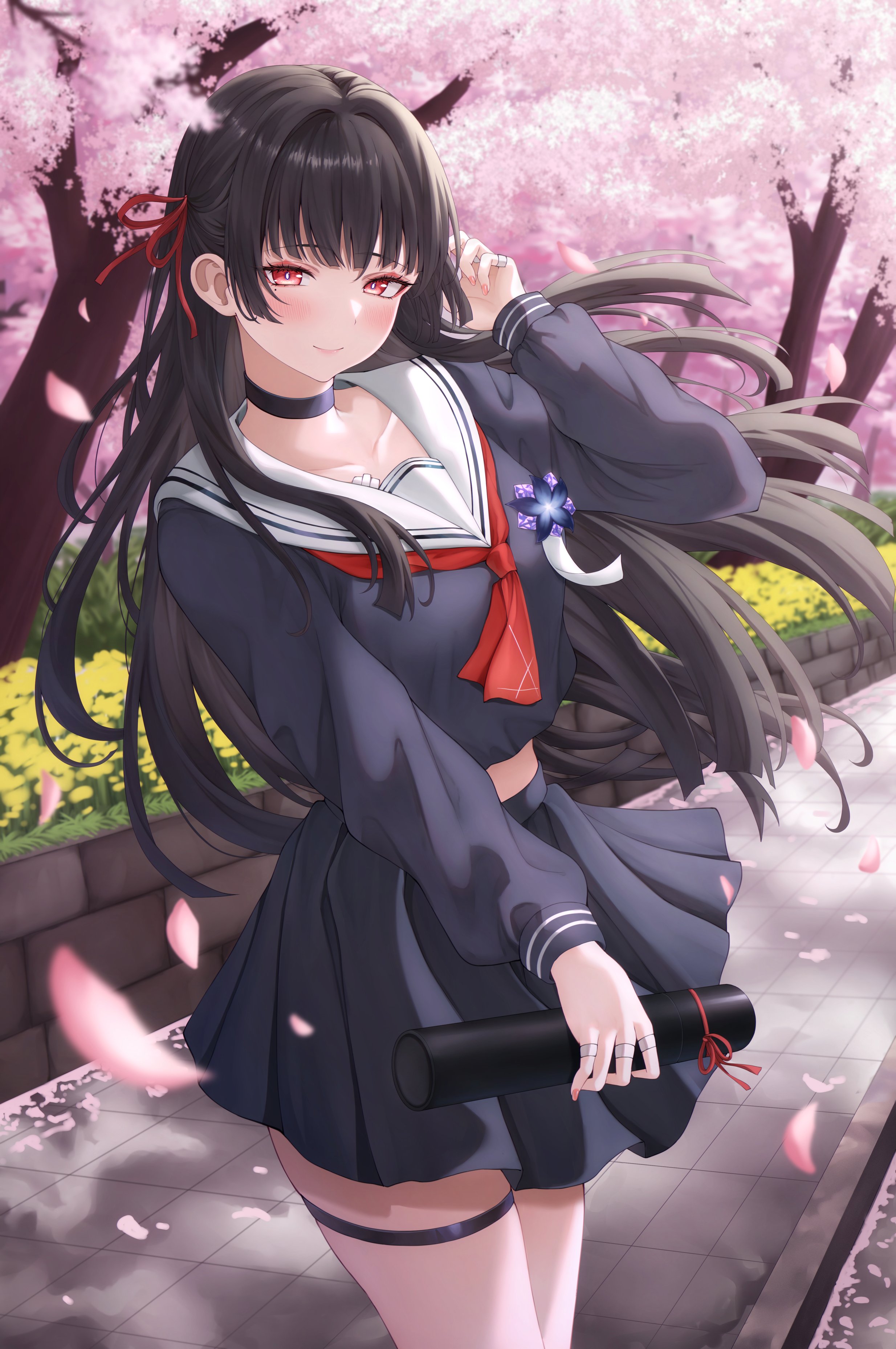 shinigami kiraki, chisa (wuthering waves), wuthering waves, absurdres, commentary request, highres, 1girl, black choker, black hair, black serafuku, black shirt, black skirt, blush, choker, closed mouth, collarbone, hair ribbon, hand up, holding, long hair, looking at viewer, mole, mole under eye, neckerchief, outdoors, pink petals, red eyes, red neckerchief, red ribbon, ribbon, sailor collar, school uniform, serafuku, shirt, skirt, smile, solo, thigh strap, white sailor collar
