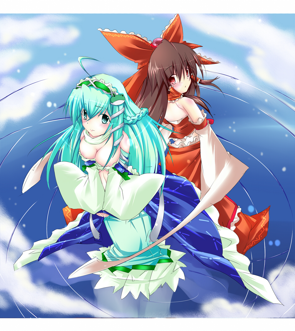 sesield, hakurei reimu, kochiya sanae, touhou, 2girls, bare shoulders, bow, breasts, brown hair, detached sleeves, female focus, frog, gradient background, green eyes, green hair, hair ornament, japanese clothes, long hair, miko, multiple girls, red eyes, ribbon, sky, snake