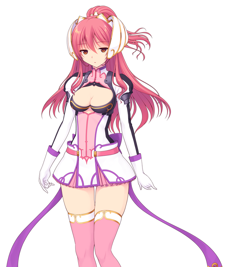 saitou natsuki, suhamaya, en ciel rena, en ciel rena (sin), tomoe rena, kourin tenshi en ciel rena, game cg, large variant set, non-web source, official art, variant set, 1girl, breasts, cleavage, cleavage cutout, clothing cutout, dress, expressionless, gloves, hair ornament, jitome, long hair, long sleeves, looking at viewer, medium breasts, pink hair, pink thighhighs, ponytail, red eyes, red hair, short dress, skirt, solo, standing, thigh gap, thighhighs, transparent background, white gloves, zettai ryouiki