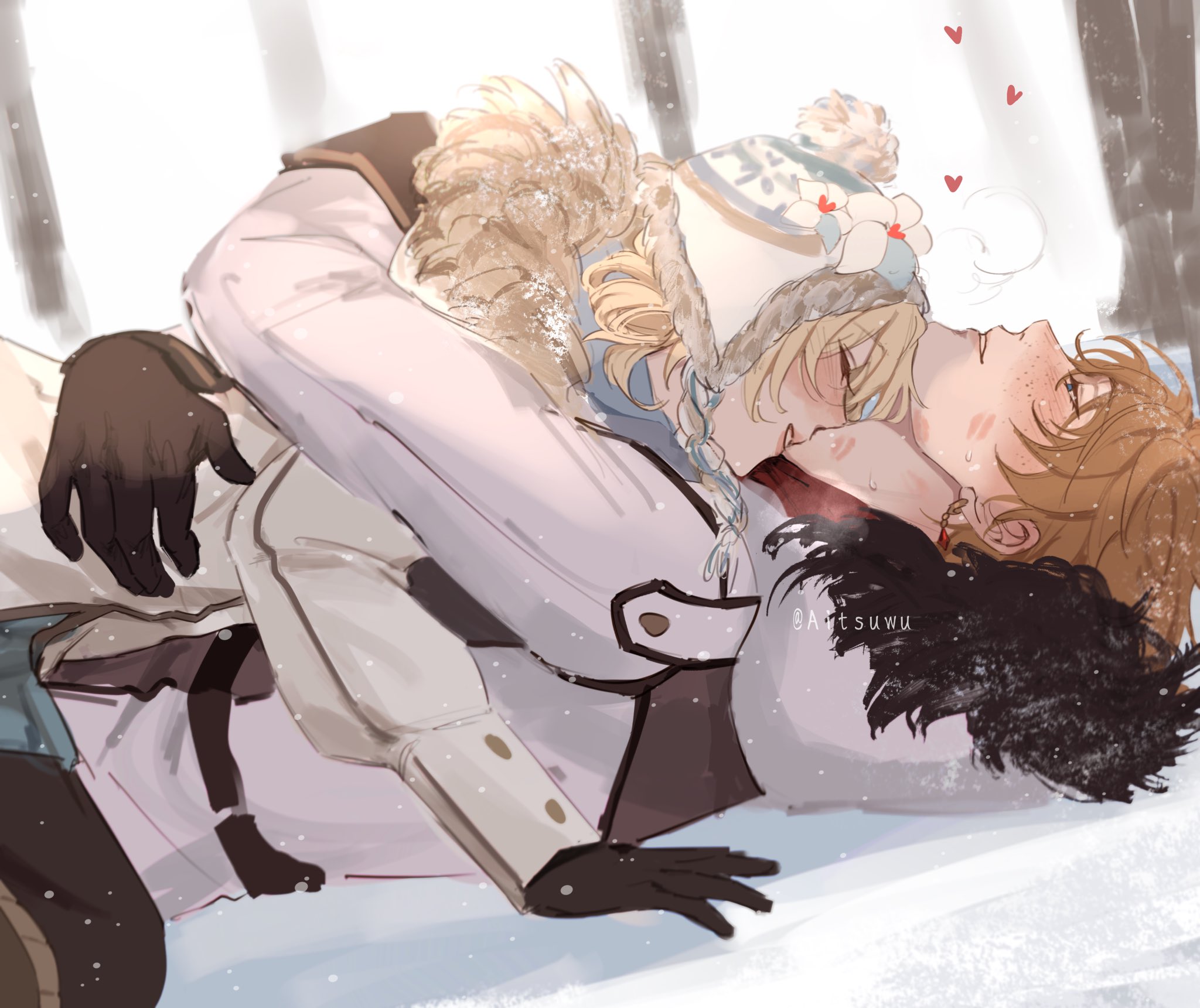 aitsuwu, lumine (genshin impact), tartaglia (genshin impact), genshin impact, highres, 1boy, 1girl, cold, couple, cuddling, fur trim, hug, lipstick mark, on ground, snow, watermark, winter