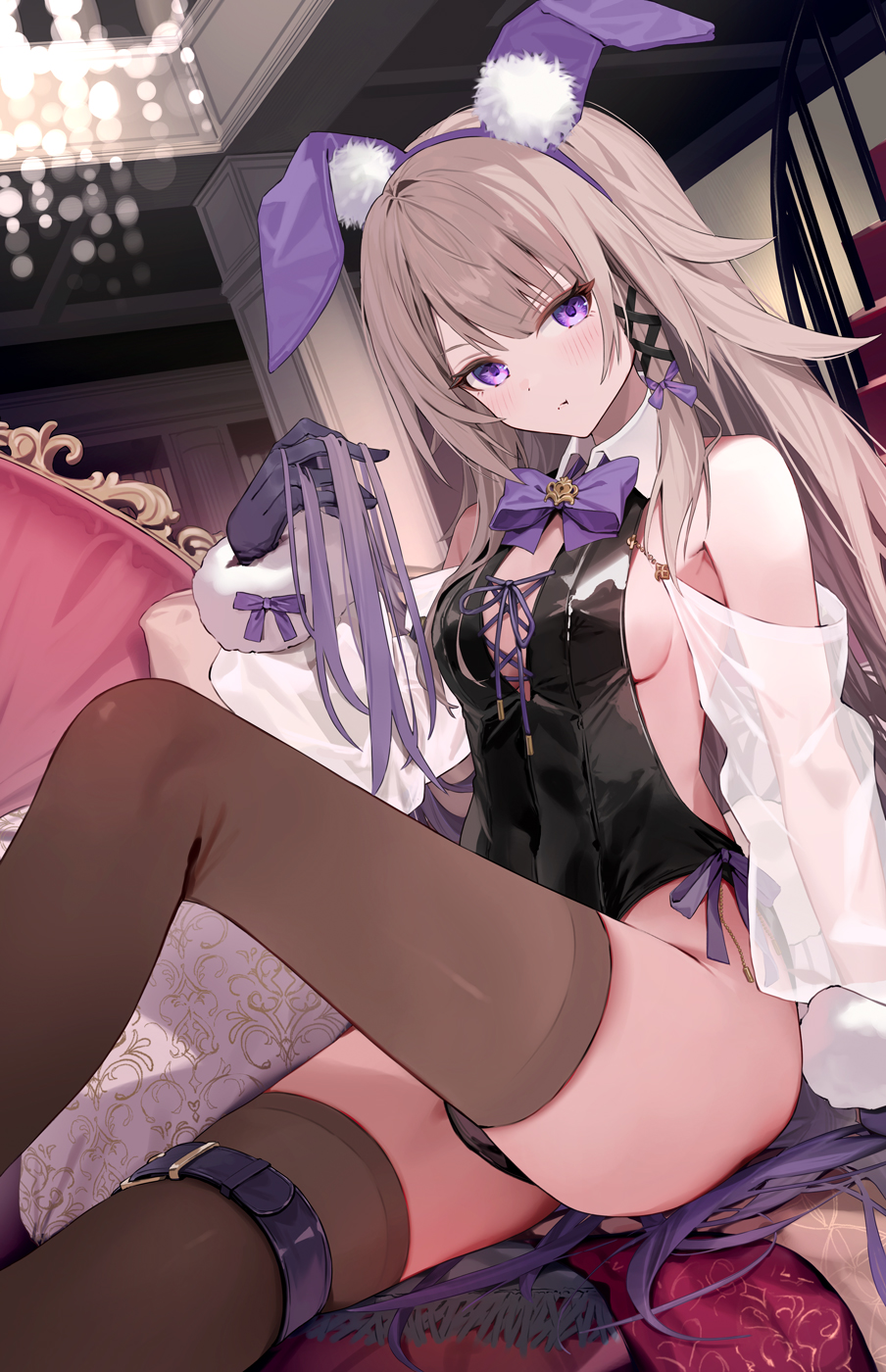 motto (night wear), herta (honkai: star rail), the herta (honkai: star rail), honkai: star rail, honkai (series), commentary, highres, 1girl, animal ear hairband, animal ears, belt, black leotard, black thighhighs, bow, bowtie, breasts, closed mouth, collar, couch, detached sleeves, fake animal ears, grey hair, hairband, indoors, knee up, leotard, long hair, looking at viewer, medium breasts, nontraditional playboy bunny, on couch, playing with own hair, pout, purple bow, purple bowtie, purple eyes, rabbit ear hairband, rabbit ears, see-through clothes, see-through sleeves, sideboob, sitting, solo, thigh belt, thigh strap, thighhighs, white collar