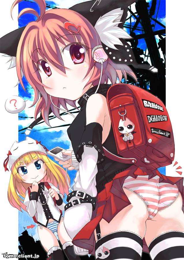 kitahara tomoe (kitahara koubou), original, striped legwear, bad id, bad pixiv id, 2girls, animal ears, ass, backpack, bag, blonde hair, blue eyes, bottomless, cat ears, clothes lift, cross, hair ornament, hairclip, hat, ipod, long hair, looking back, mp3 player, multiple girls, no pants, panties, randoseru, red eyes, red hair, safety pin, short hair, skirt, skirt lift, striped clothes, striped panties, striped thighhighs, thighhighs, underwear