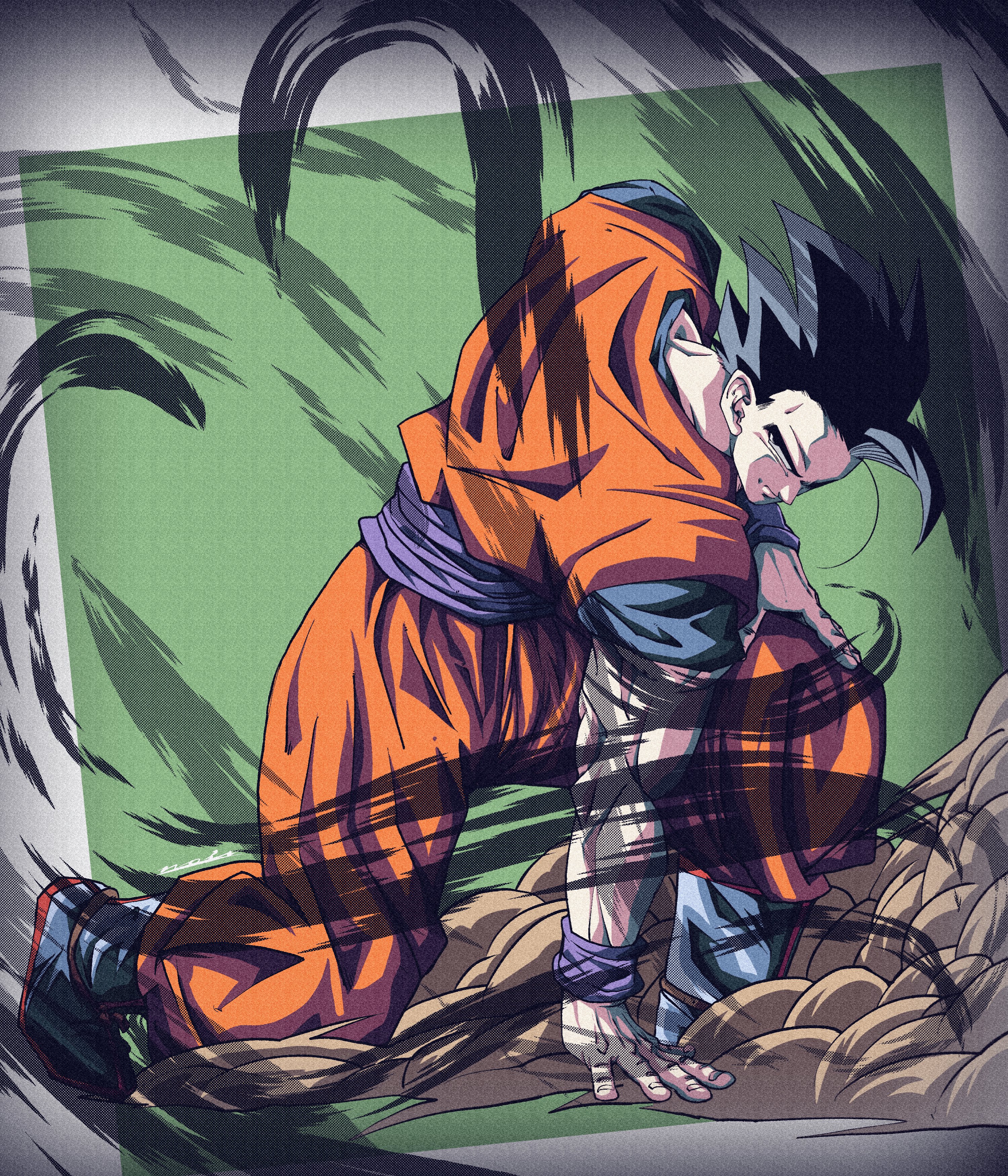 noir illust, son gohan, dragon ball, dragonball z, absurdres, hashtag-only commentary, highres, 1boy, aura, black eyes, black hair, blue boots, blue sash, blue shirt, blue wrist cuffs, boots, dougi, green background, male focus, muscular, muscular male, orange pants, orange shirt, pants, potential unleashed, sash, shirt, short hair, solo, spiked hair, wrist cuffs